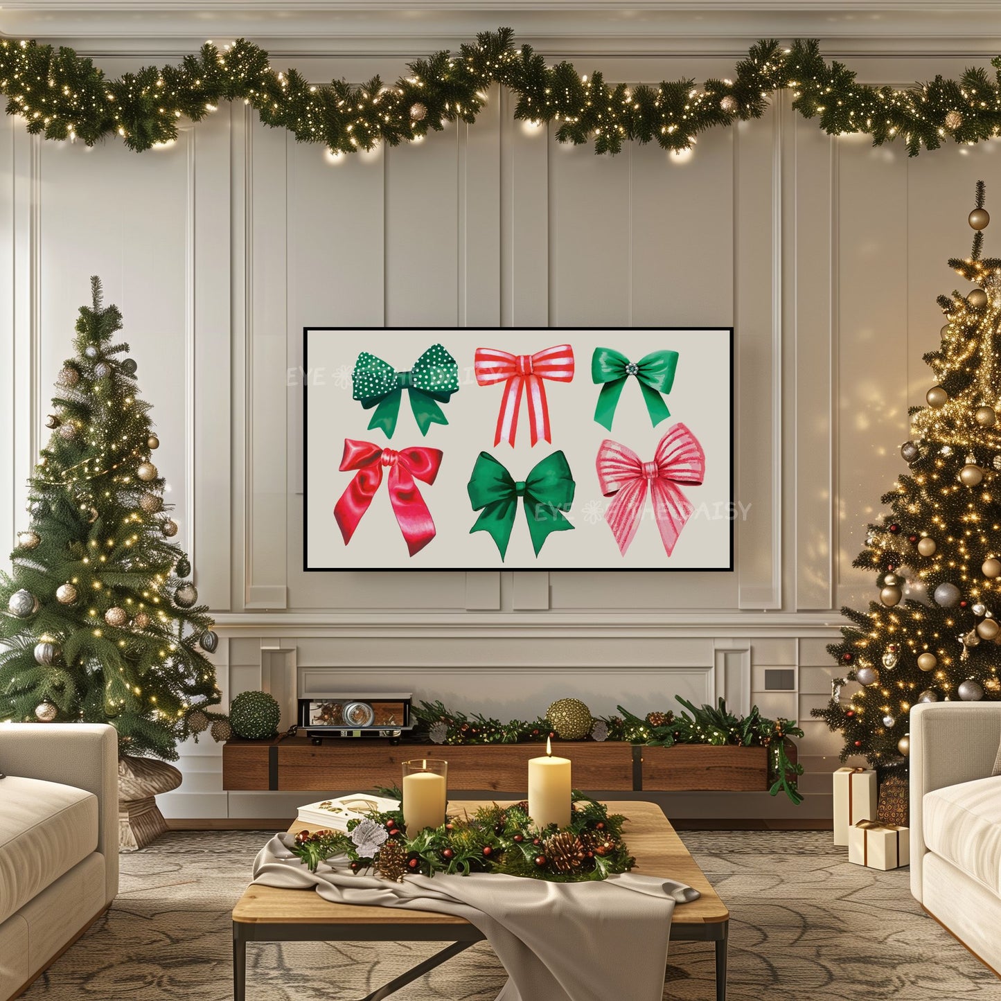 Red Green Bows & Ribbons 4K TV Art | Traditional Christmas Art for TV Screen
