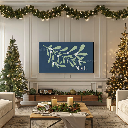 Navy Blue Christmas Botanical 4K TV Art | Holiday Mistletoe Art for TV Screen 4K