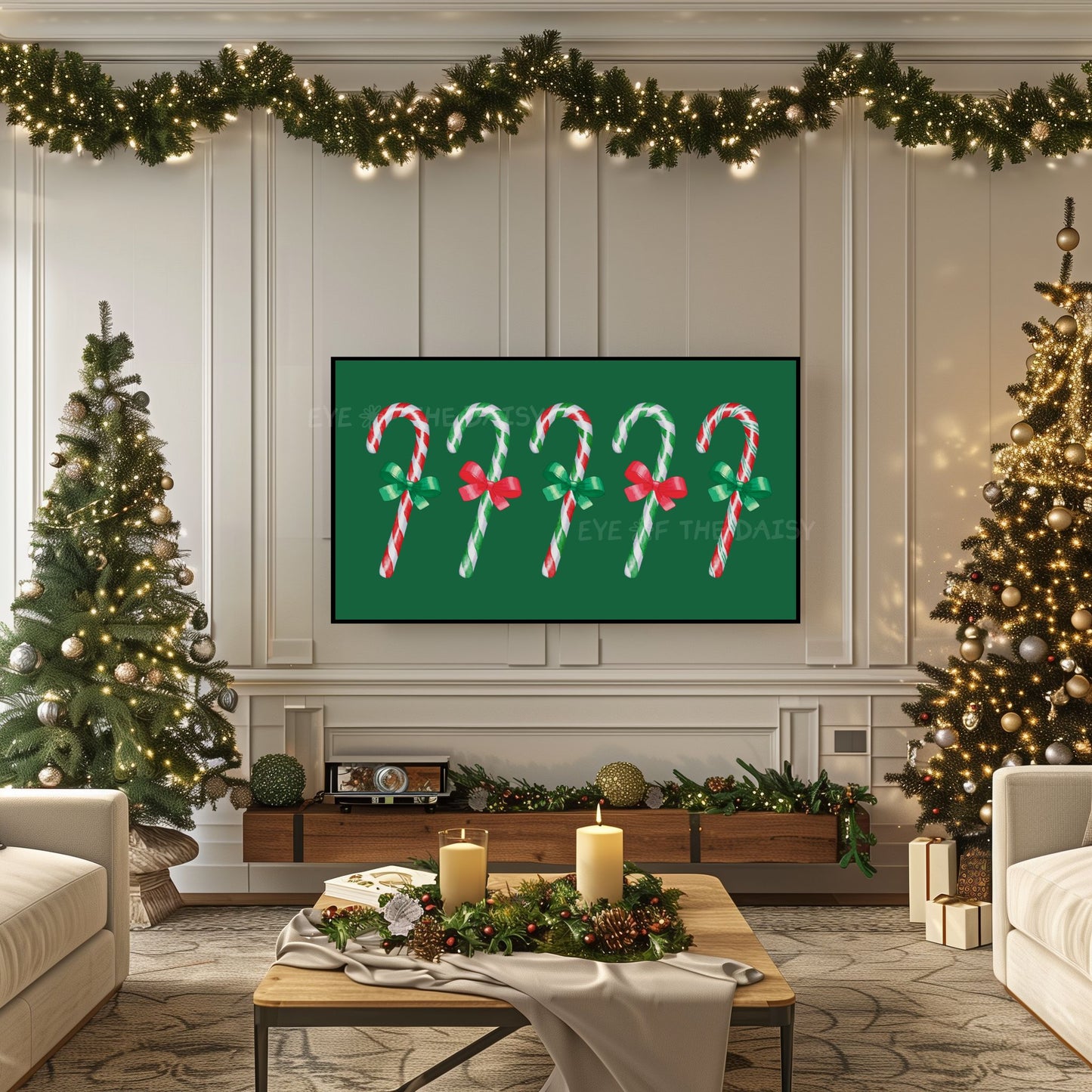 Red Green Christmas Candy Canes 4K TV Art | Traditional Watercolour Holiday TV Art 4K