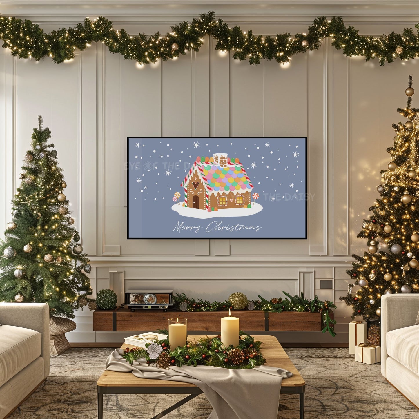 Merry Christmas Phrase 4K TV Art | Holiday Gingerbread House Art for TV Screen 4K