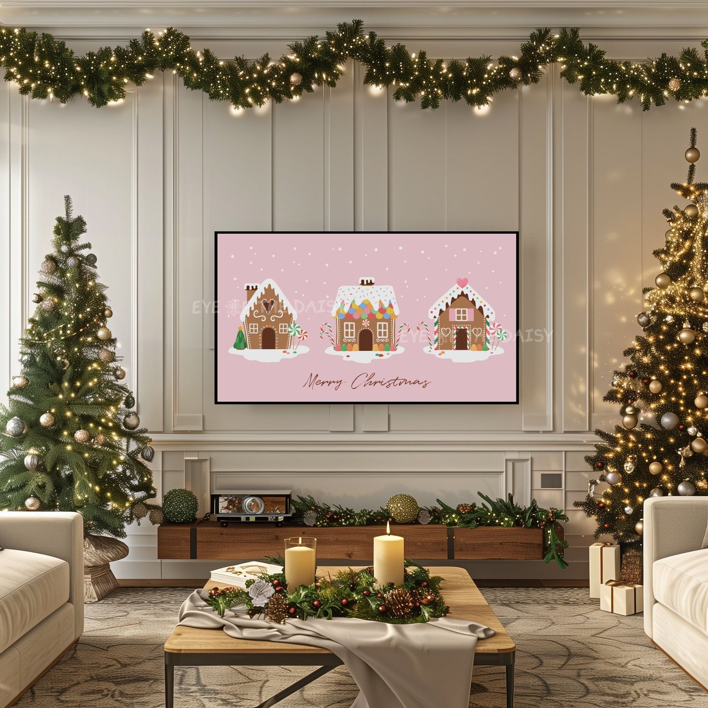 Pastel Pink Christmas Phrase 4K TV Art | Holiday Gingerbread Houses 4K Art for TV Screen
