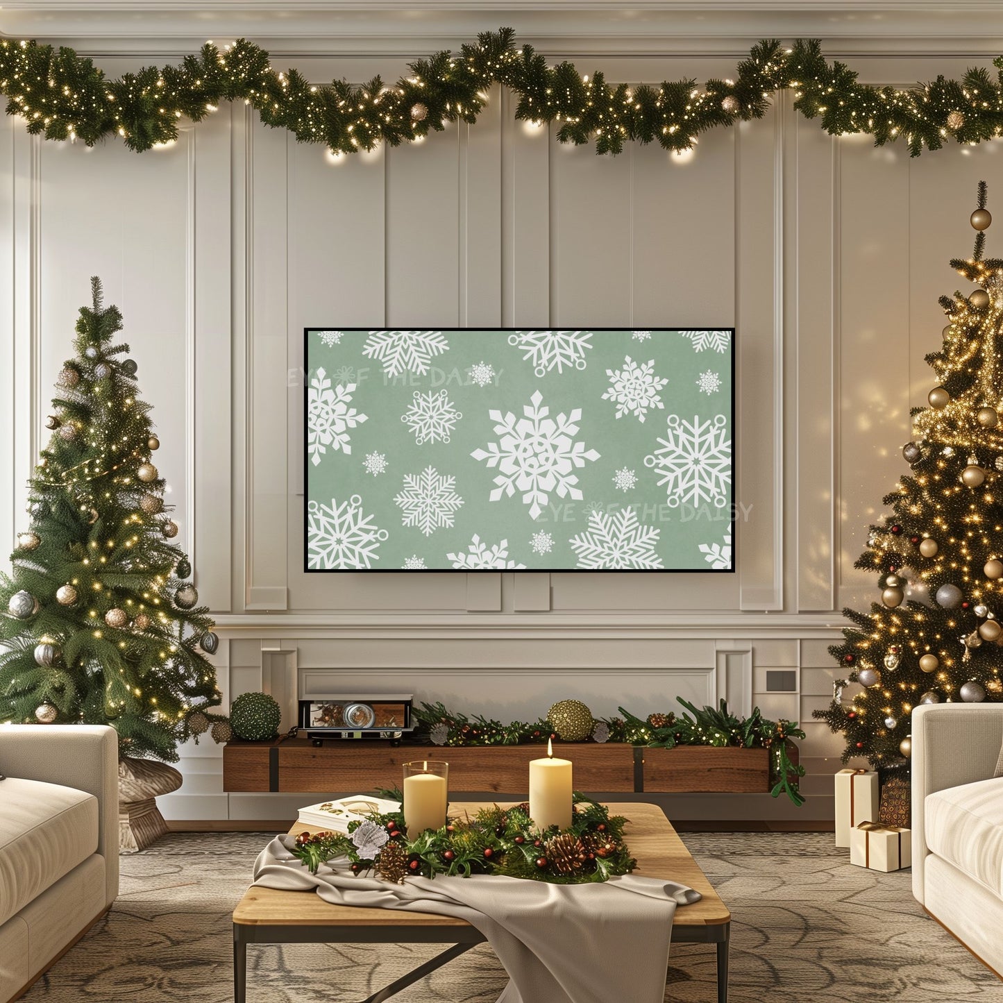 Sage Green Boho Christmas TV Art 4K | Sage Green Holiday Decor 4K TV Artwork