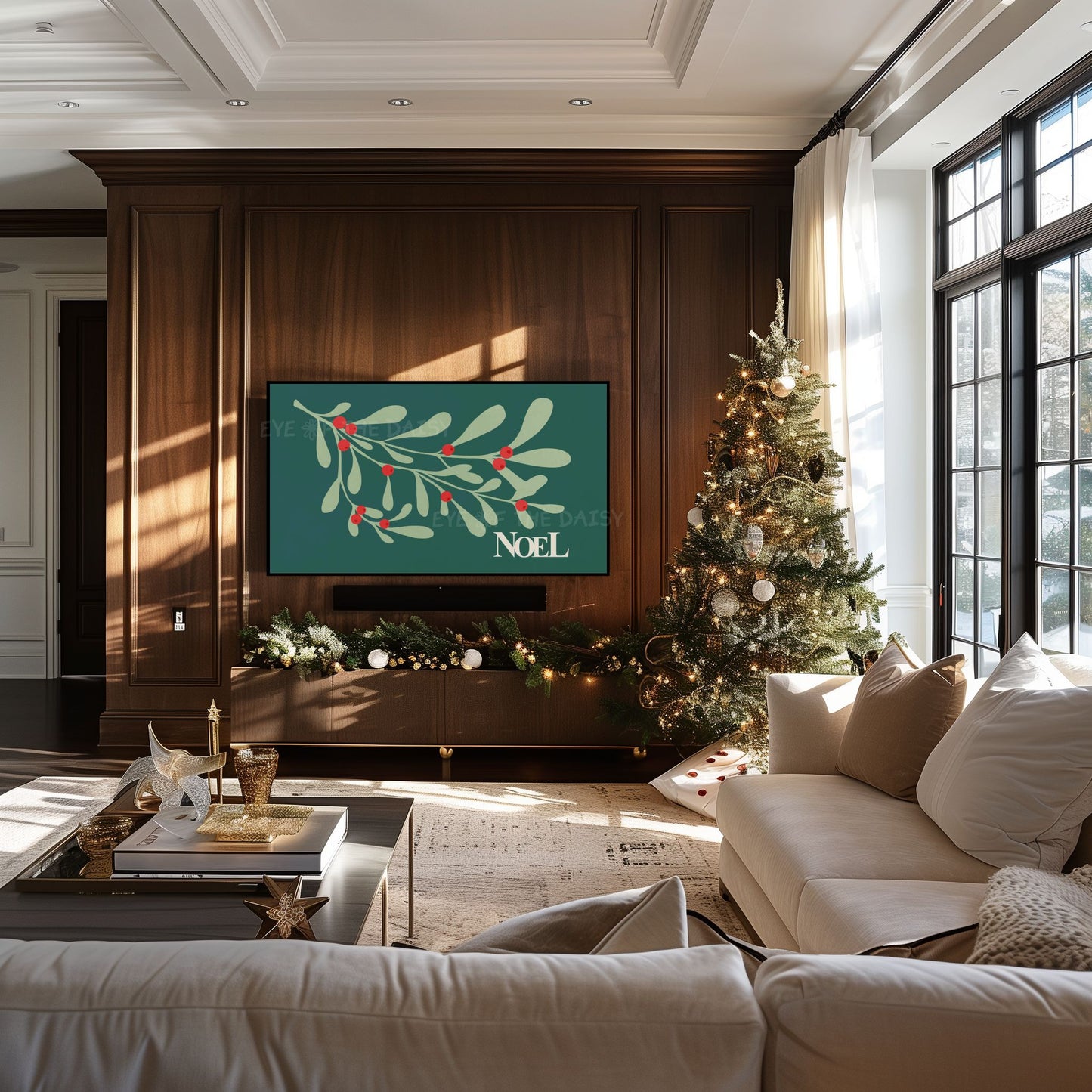 Dark Green Red Christmas Botanical 4K TV Art | Traditional Holiday Mistletoe 4K TV Art