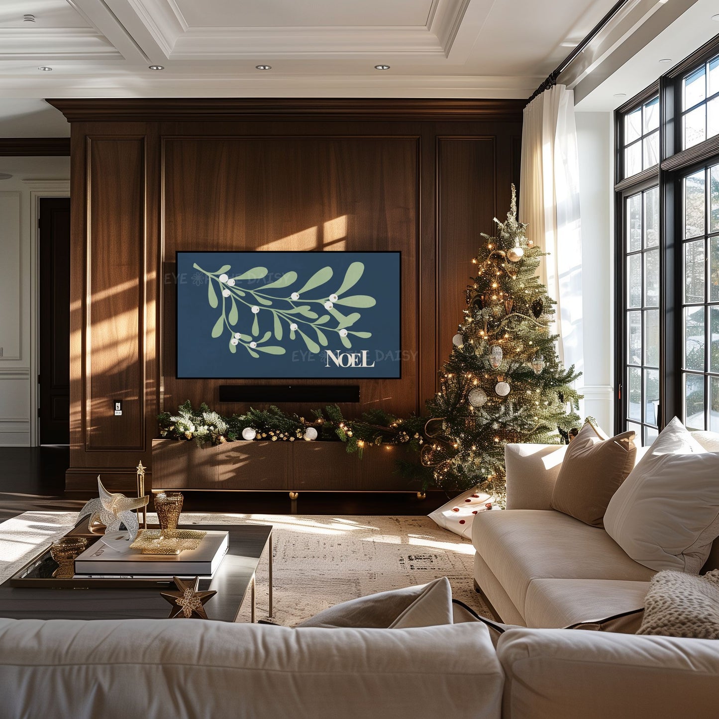 Navy Blue Christmas Botanical 4K TV Art | Holiday Mistletoe Art for TV Screen 4K