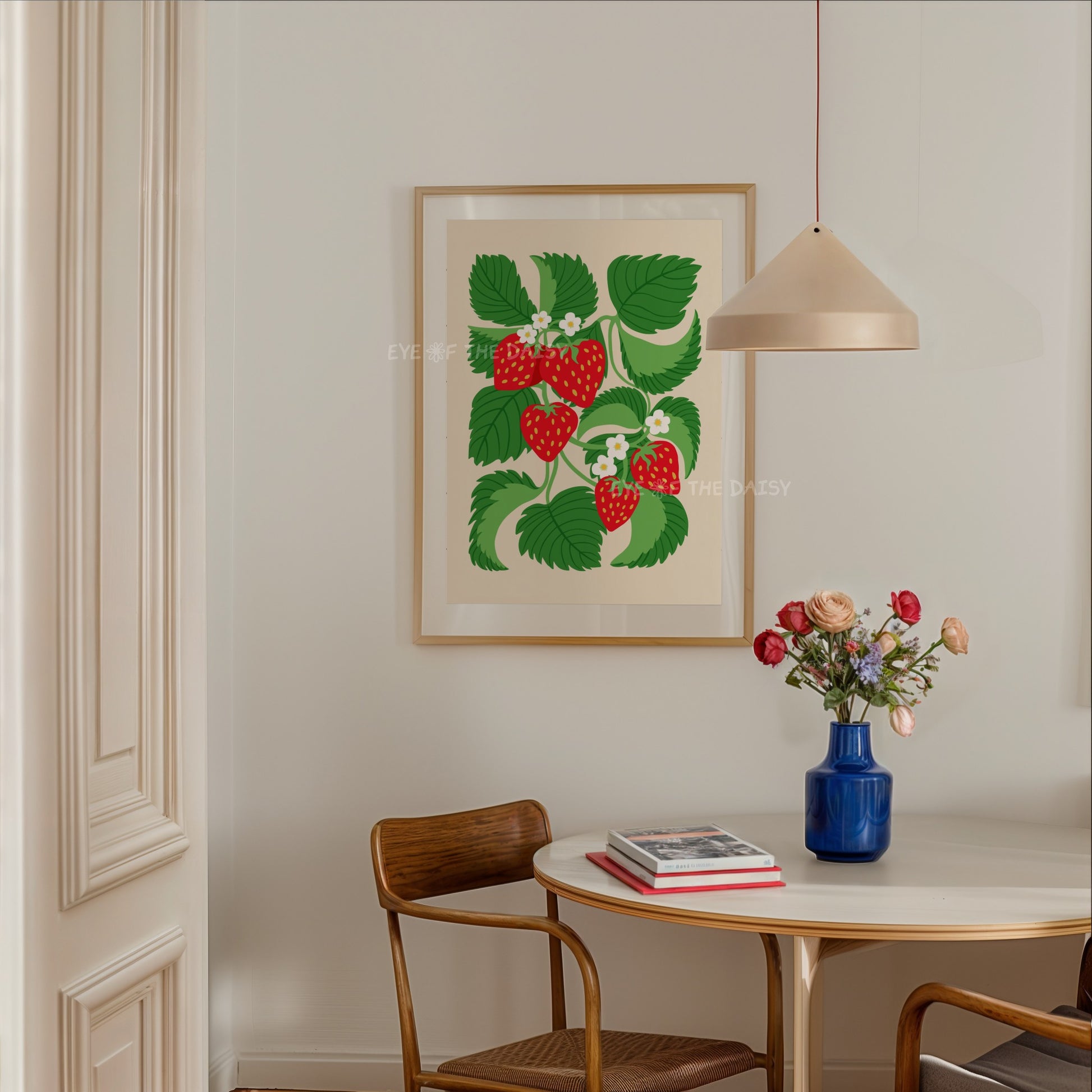 Scandi-style strawberry wall print – abstract botanical design in red and green, digital download perfect for modern dining decor