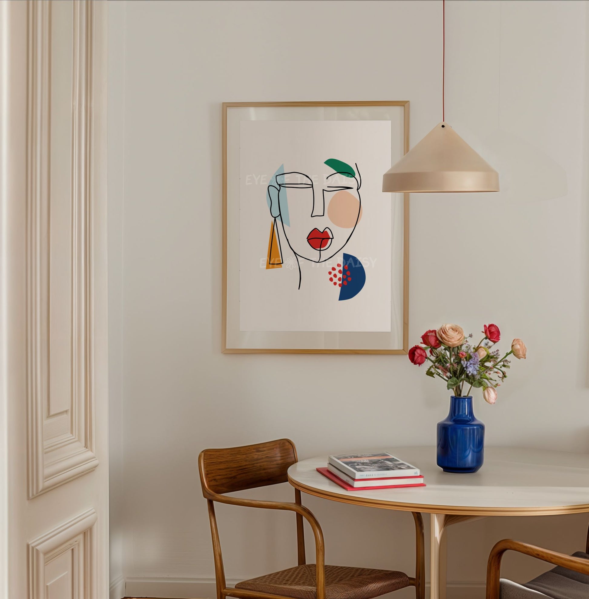 Three piece abstract face poster set, printable line art with color patches, modern download for contemporary vacation rental wall decor