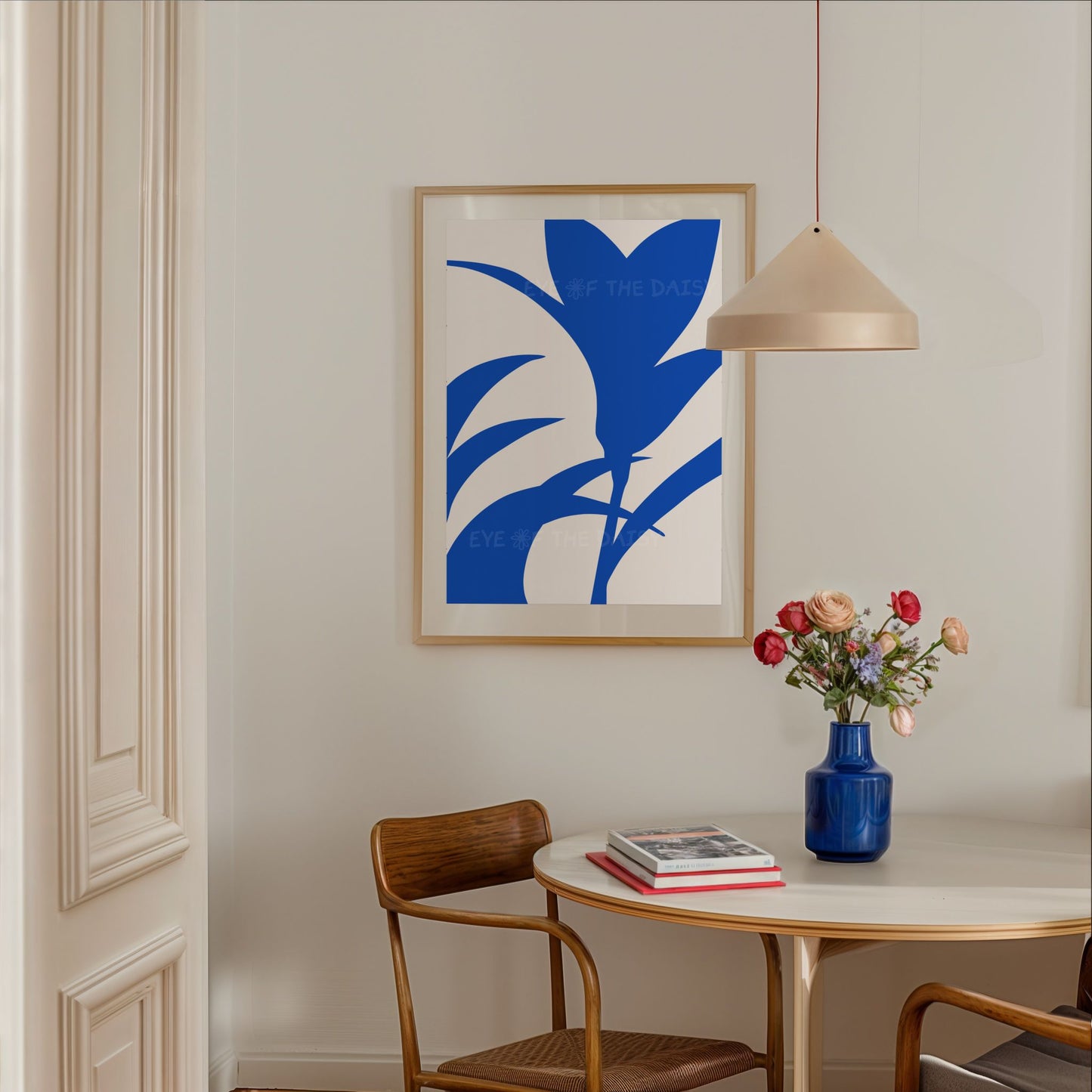 Royal blue modern abstract botanical art print set of 3, abstract leaf printable wall decor download for modern apartment