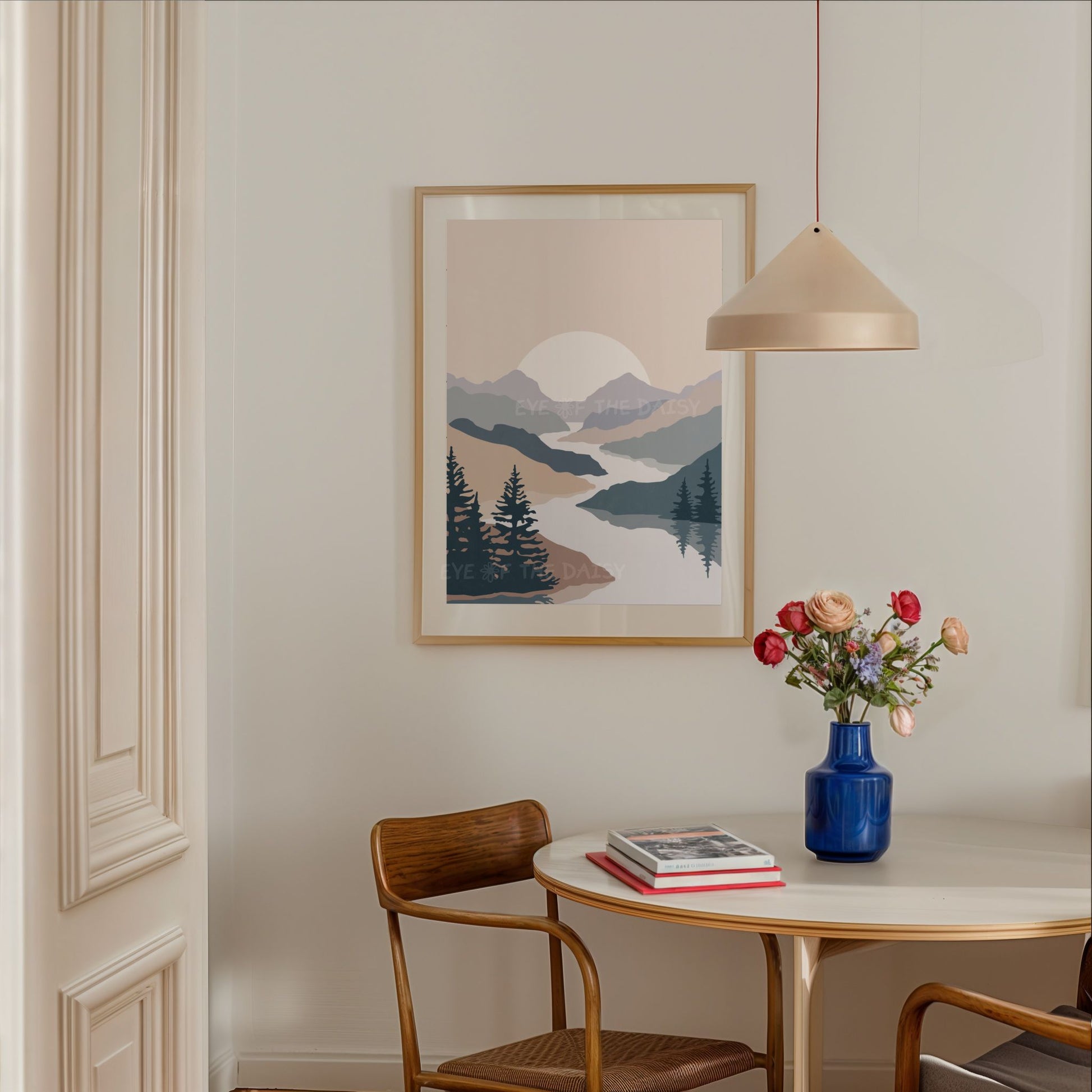 Mid-century modern abstract landscape set – 2 printable navy and beige mountain prints for stylish contemporary apartment decor