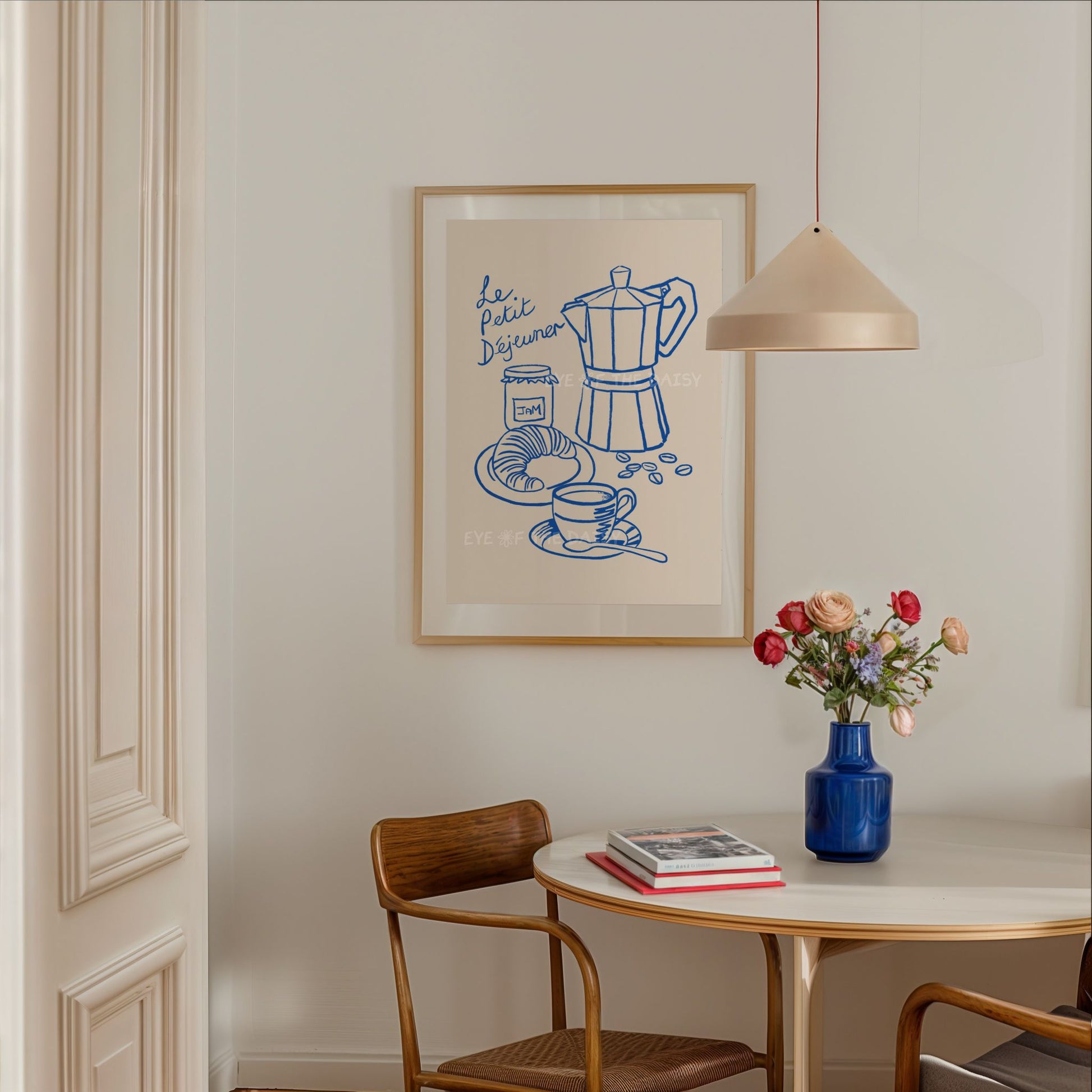 "Le Petit Dejeuner" breakfast poster, with a blue hand drawn sketch of a coffee pot, cup of coffee and a croissant, great for a modern dining room