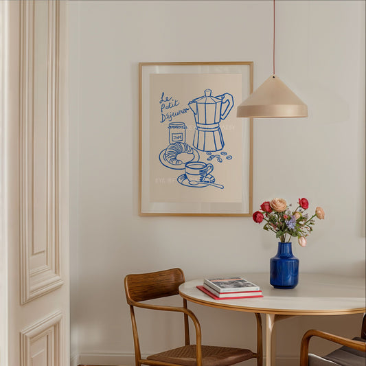 "Le Petit Dejeuner" breakfast poster, with a blue hand drawn sketch of a coffee pot, cup of coffee and a croissant, great for a modern dining room