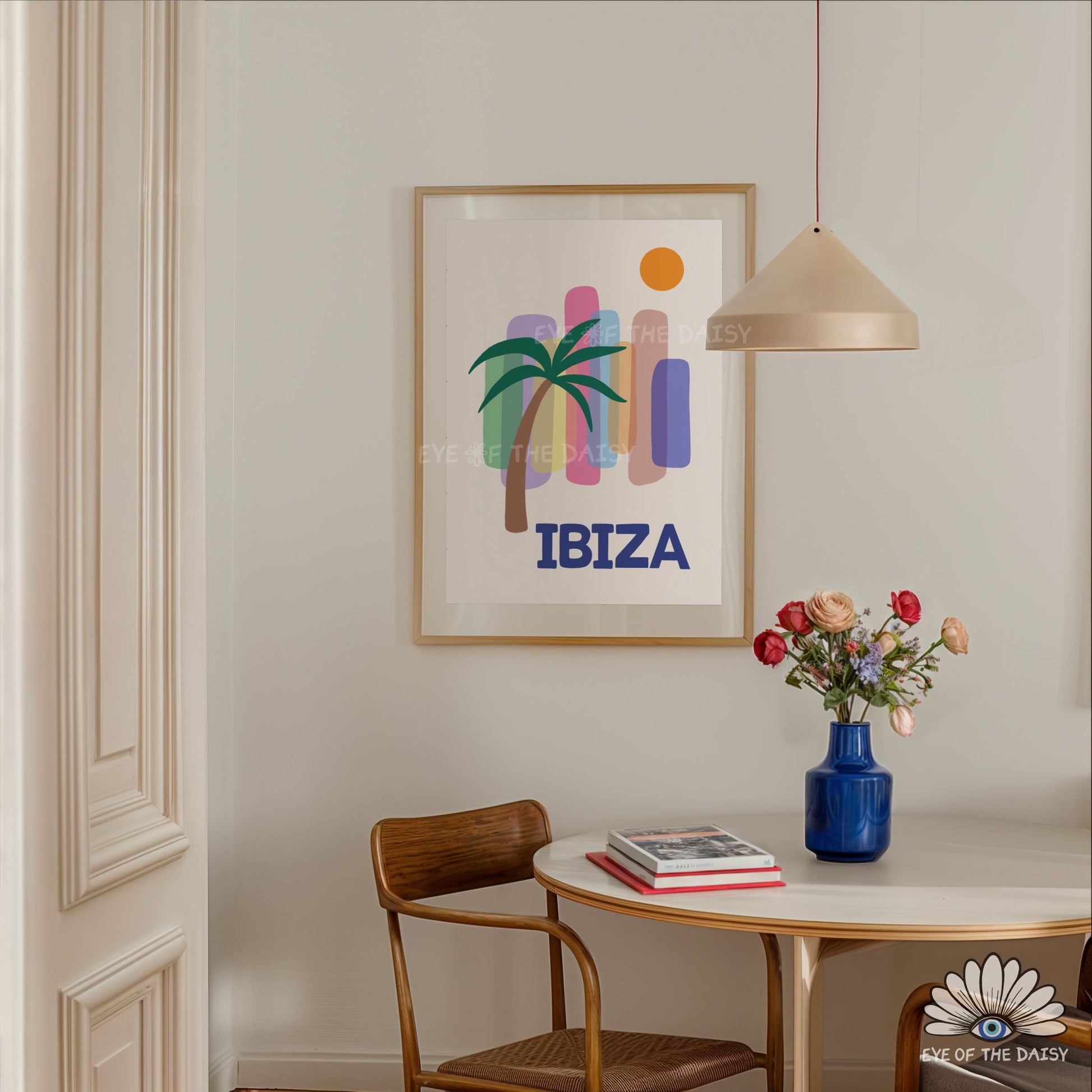 Retro 80s style Ibiza artwork, printable poster for boho trendy living room wall art