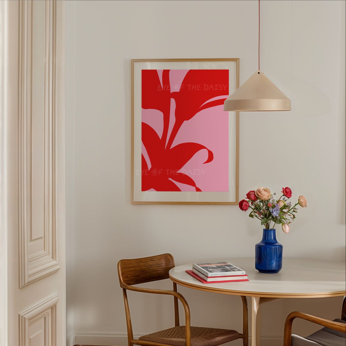 Vibrant botanical printable wall art set — pink and red abstract leaves digital download, ideal for trendy Scandinavian rooms