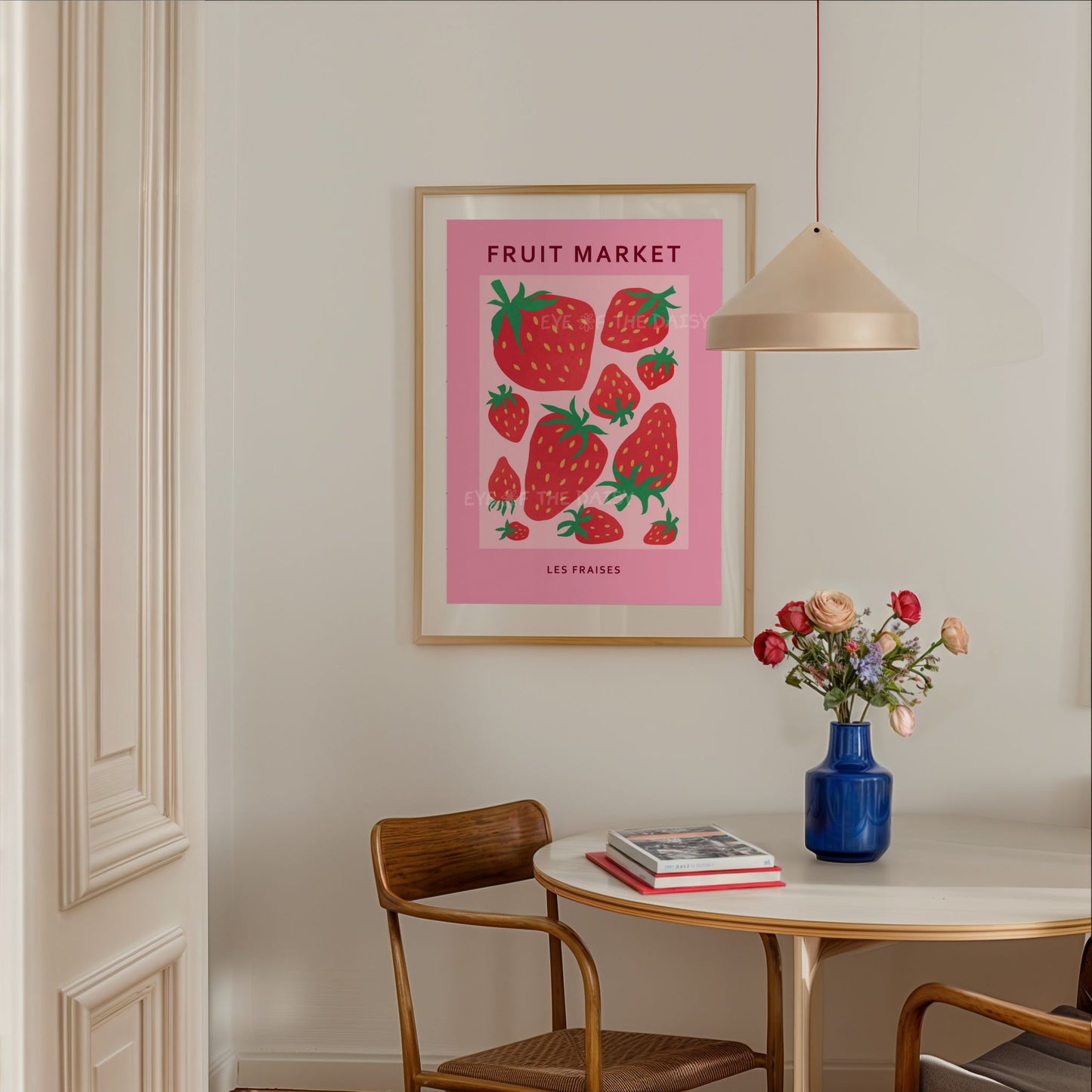Trendy "Les Fraises" strawberry "Fruit Market" exhibition poster with abstract strawberries in bright red on pink, in a trendy apartment