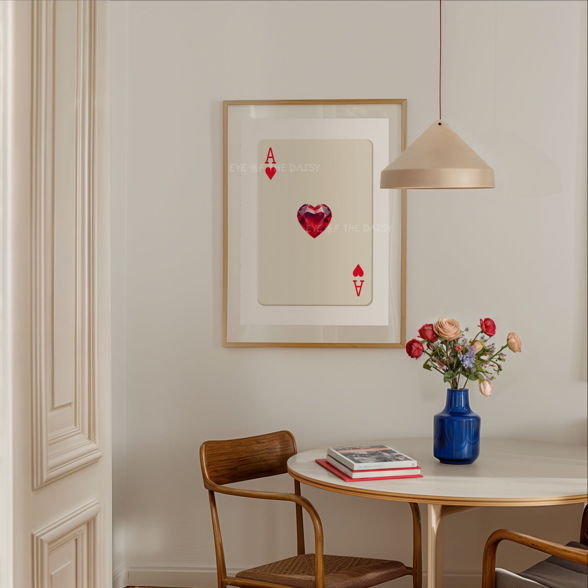 Eclectic dopamine decor printable wall art — lucky red beige Ace of Hearts print digital download for maximalist Scandi apartment walls