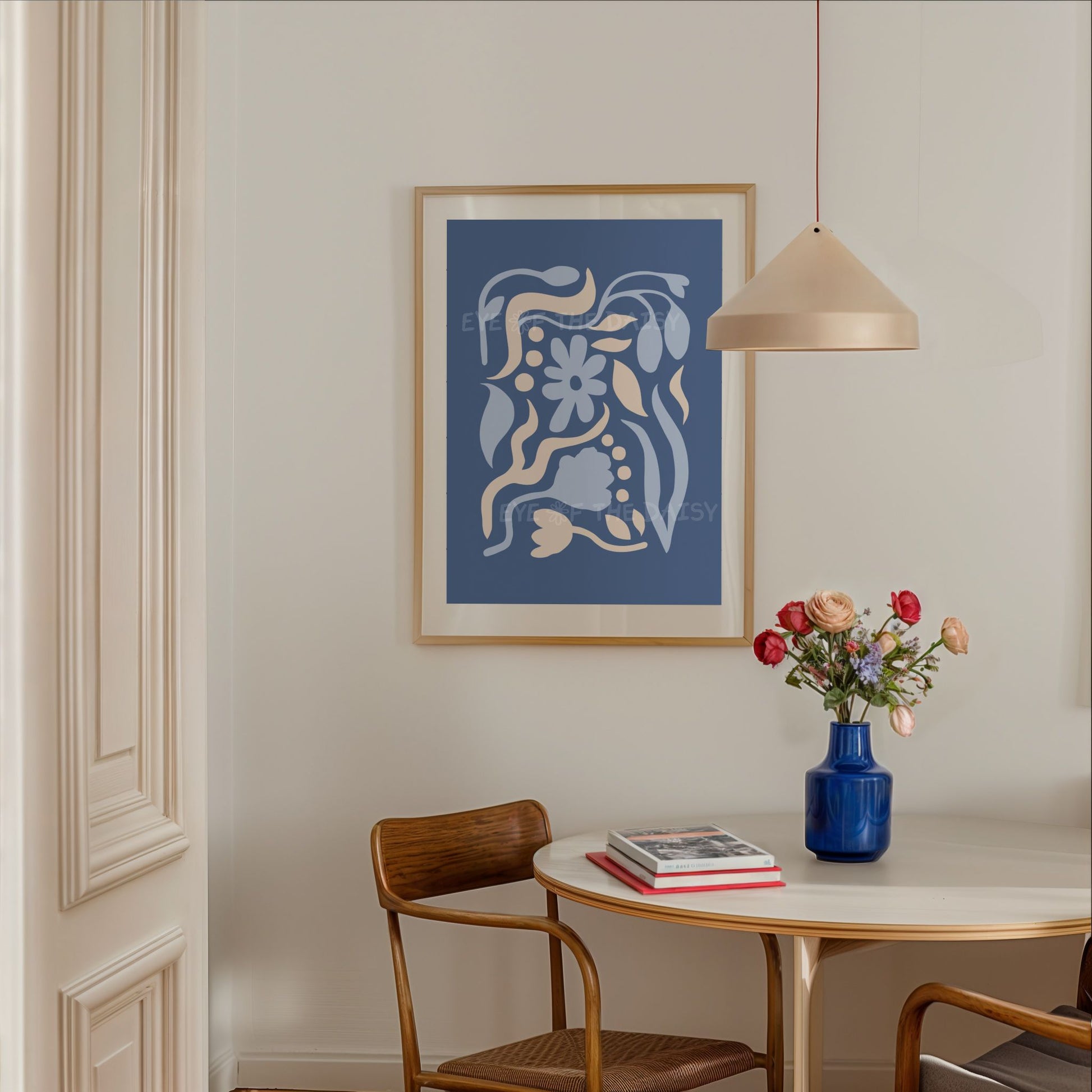 Modern abstract botanical print set of 4 – navy and beige floral cut-outs, printable wall art for stylish contemporary home office decor