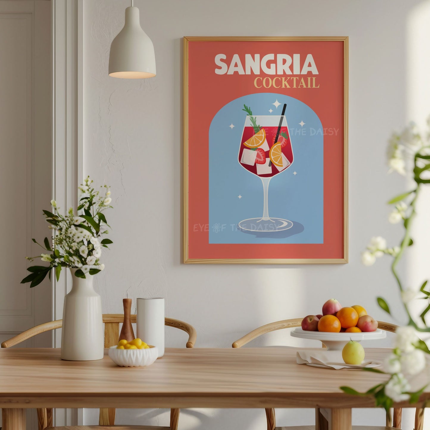 Fun Mediterranean Sangria print in vibrant tones, cocktail wall art download for colorful kitchen or boho dining room decor