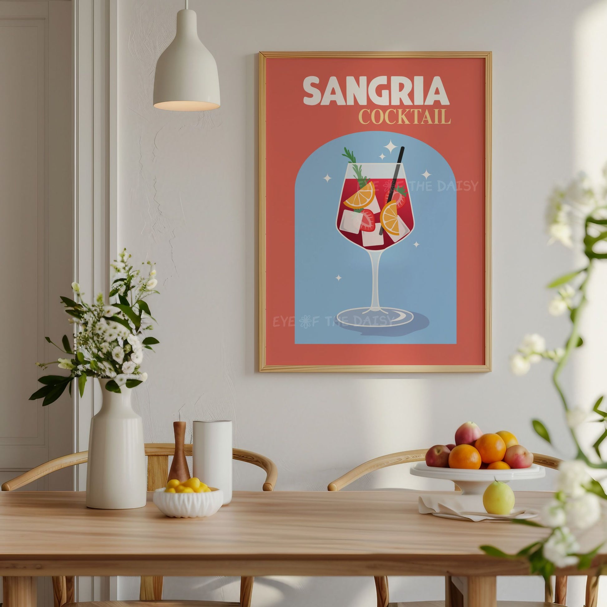 Fun Mediterranean Sangria print in vibrant tones, cocktail wall art download for colorful kitchen or boho dining room decor