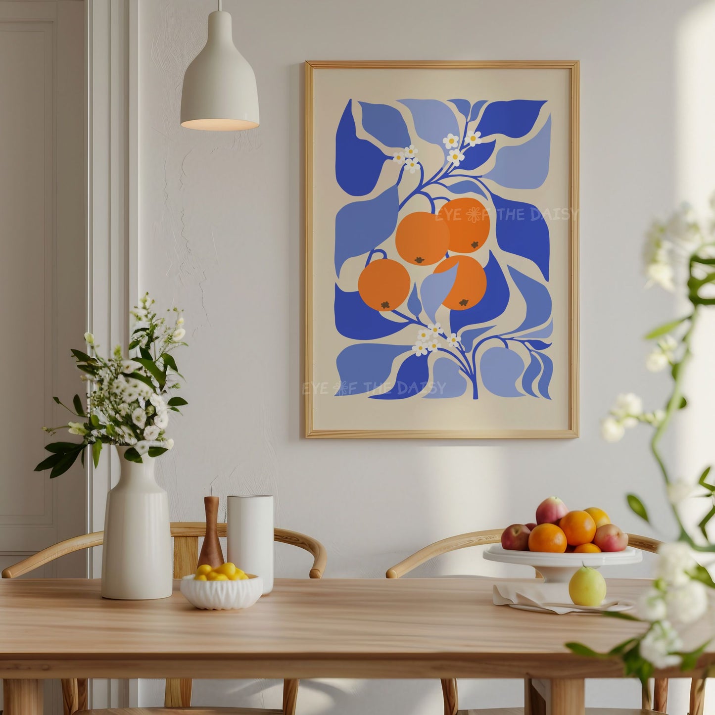 Blue and orange fruit digital art print – hand-drawn abstract botanical illustration with intertwining leaves in a fun Mediterranean style kitchen