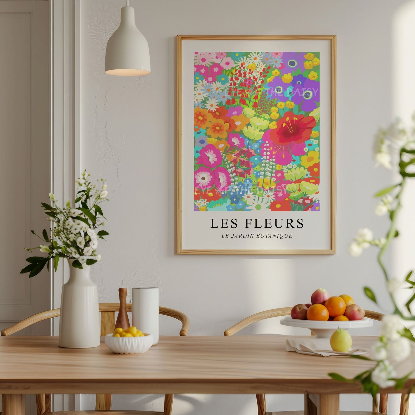Bright flower garden printable wall art with multi-coloured abstract blooms – great for vibrant kitchen decor