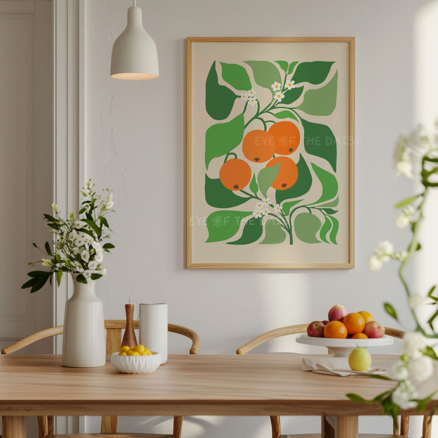 Trendy abstract orange tree print digital download - stylized botanical illustration in green, orange and beige for bright kitchen decor