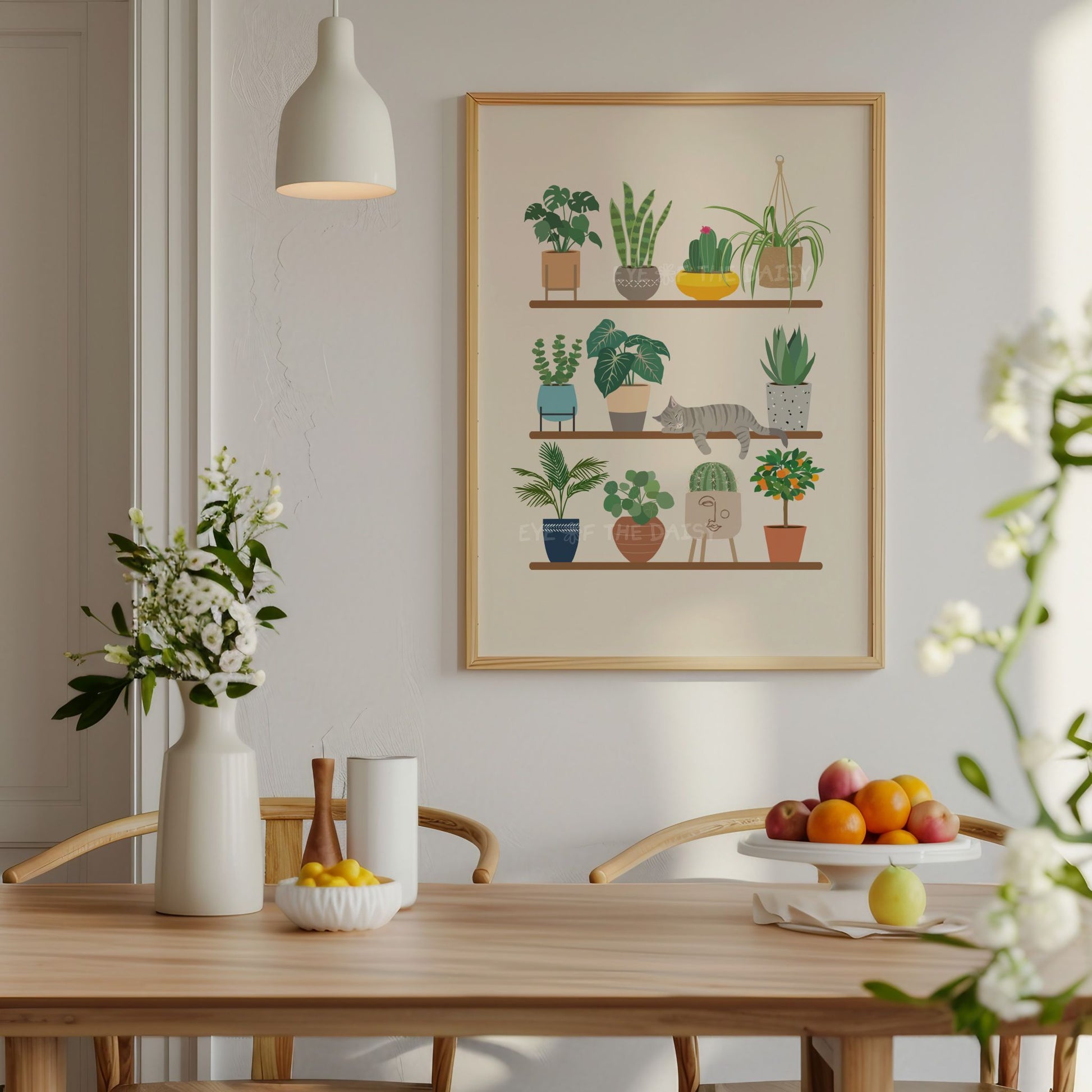 Tabby cat and plant shelf print – colourful digital wall art for kitchen decor, printable boho botanical poster