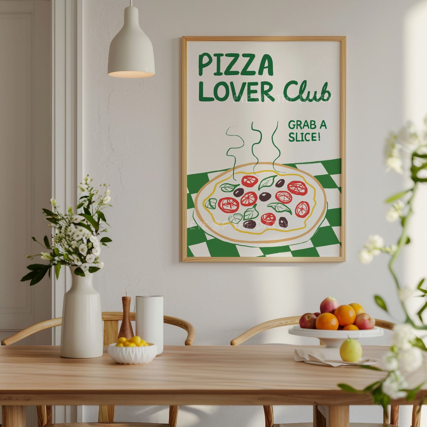 'Pizza Lover Club' downloadable poster with text and hand drawn pizza illustration with check tablecloth, in a fun kitchen