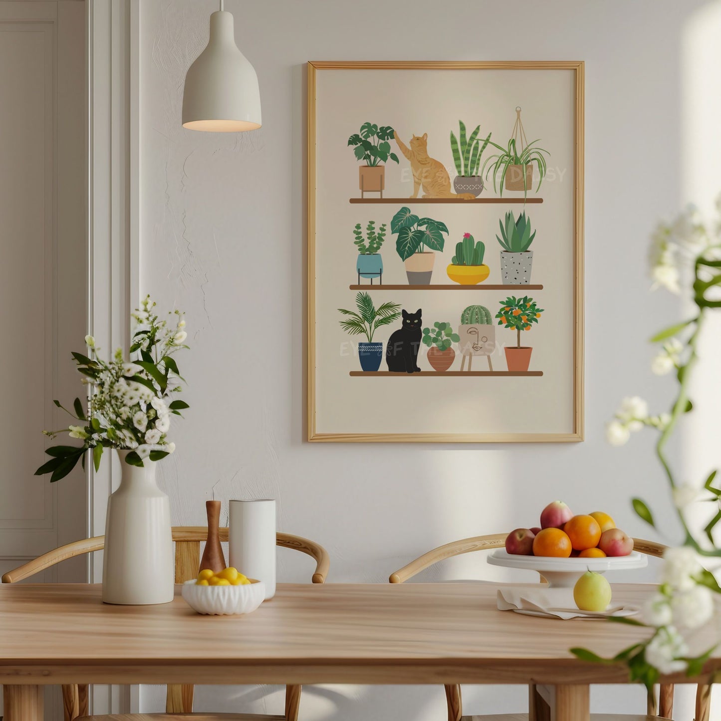 Boho botanical shelf art – cats and potted plants on shelves digital download, printable plant wall poster for quirky interiors