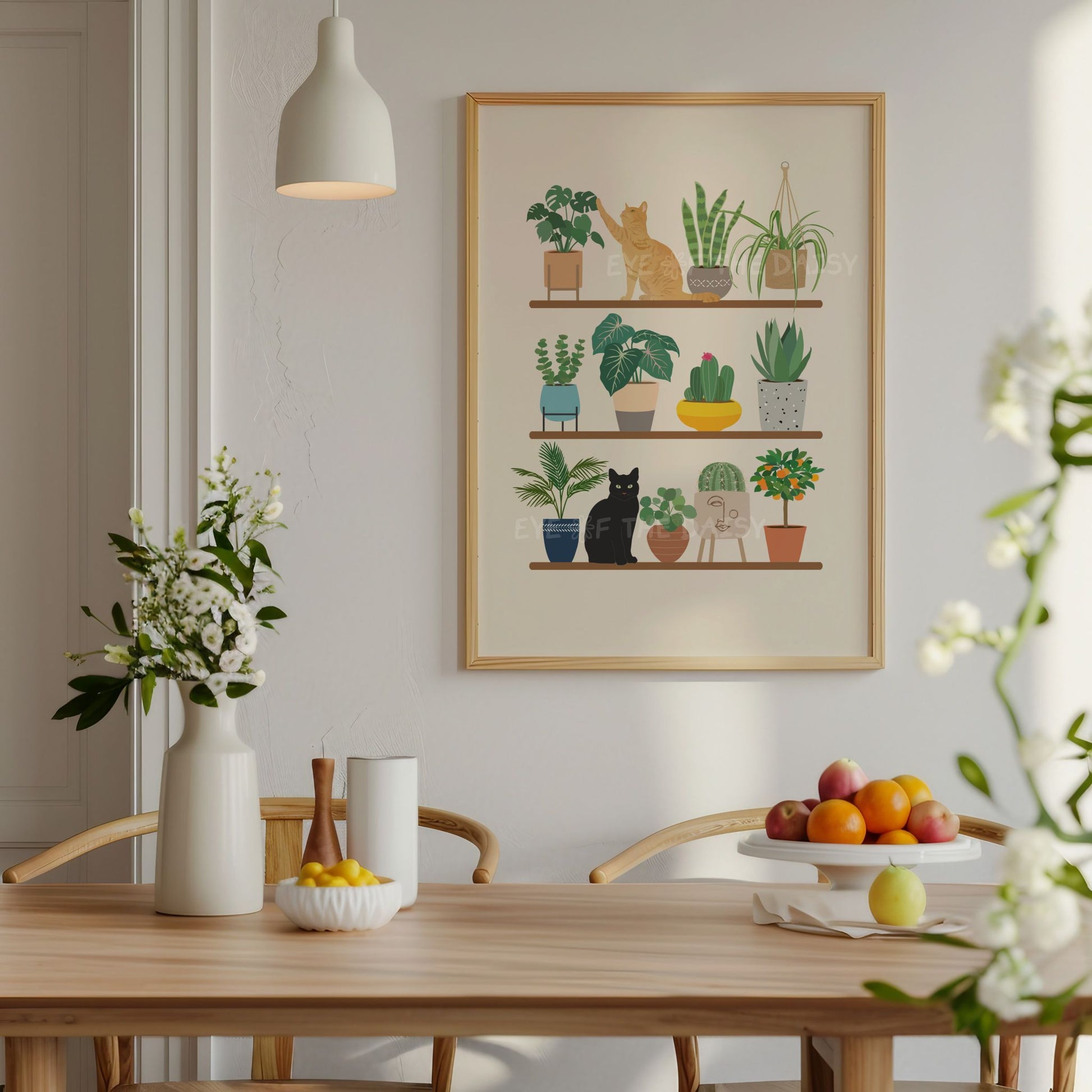 Boho botanical shelf art – cats and potted plants on shelves digital download, printable plant wall poster for quirky interiors