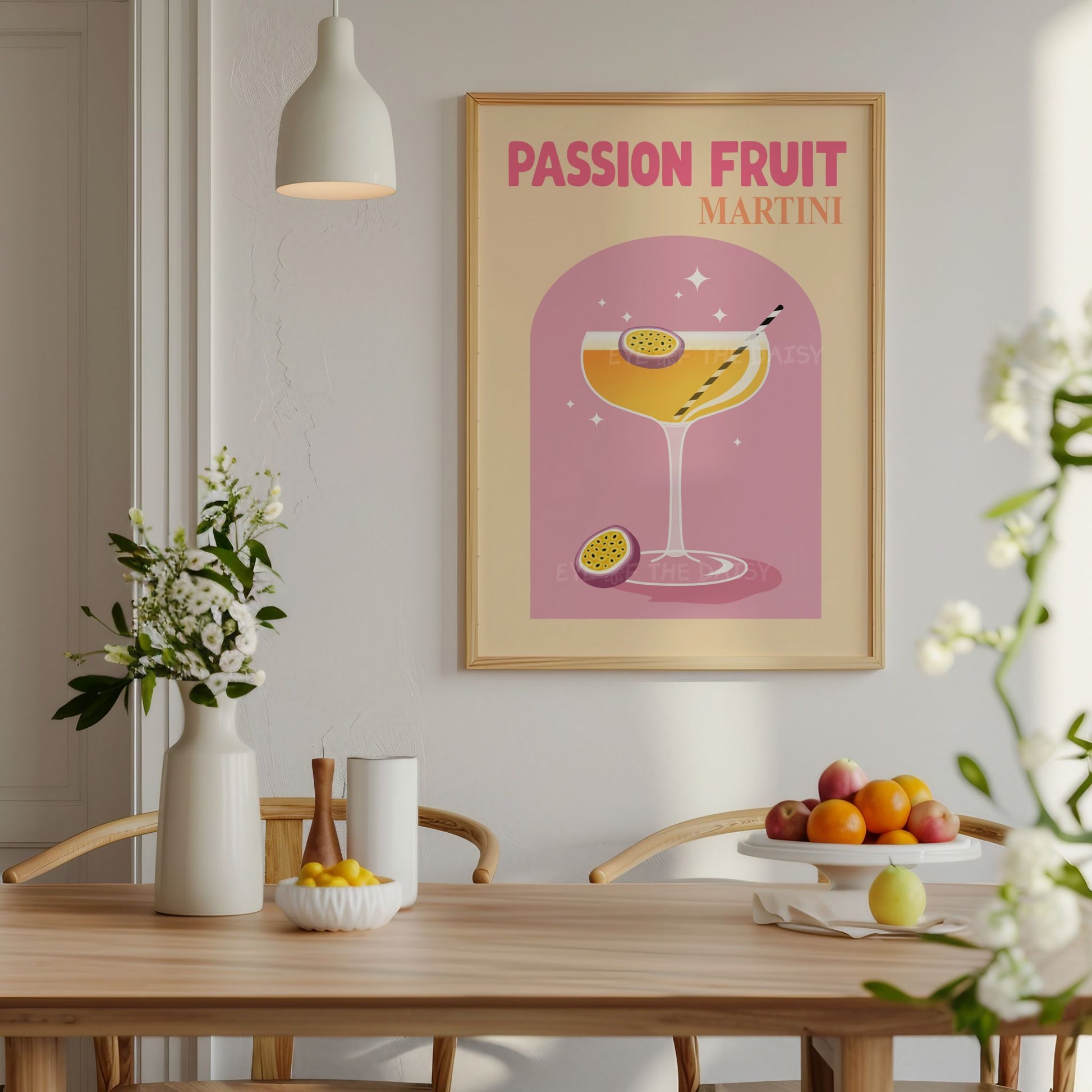 Printable Passion Fruit Martini poster with bold retro colors, digital download drink artwork for stylish kitchen or bar decor
