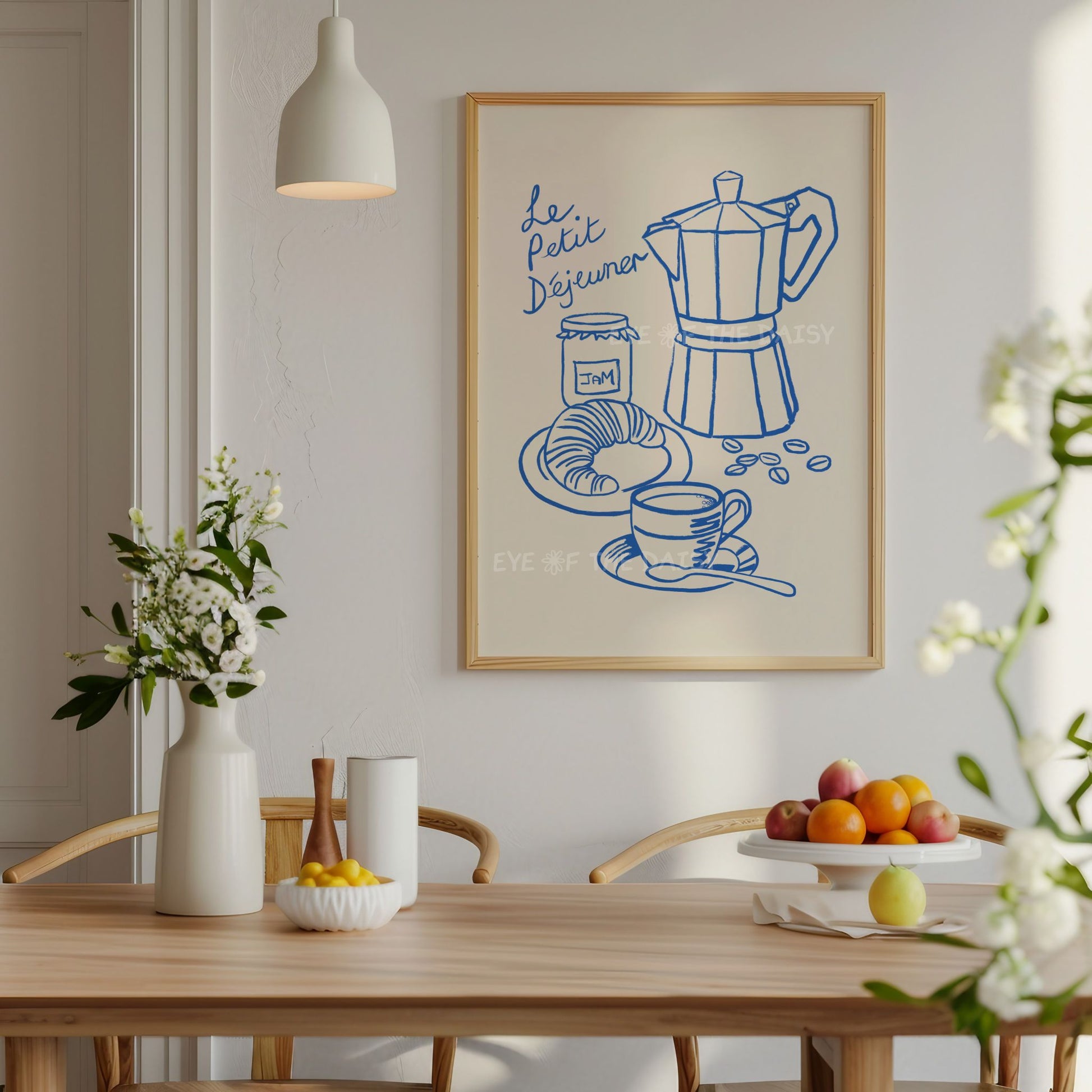 "Le Petit Dejeuner" breakfast print with hand drawn contemporary illustration of a coffee pot & croissant, mid century modern kitchen print