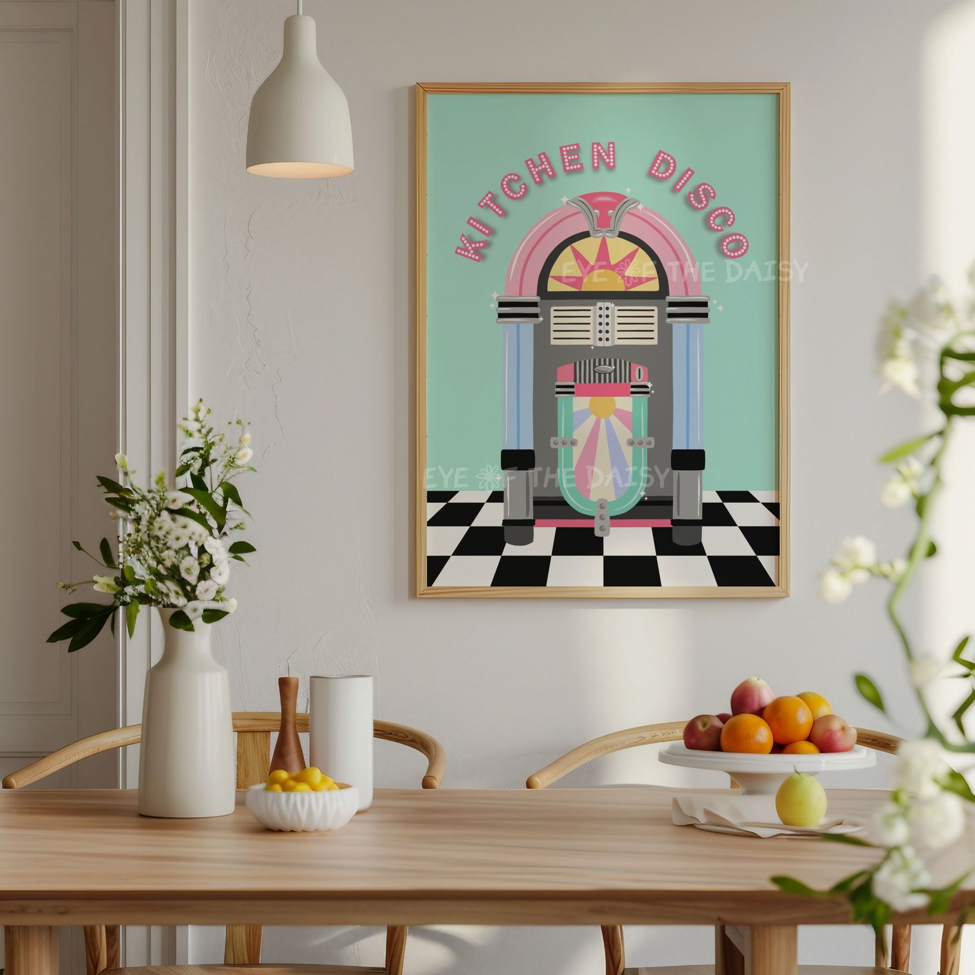 Kitchen Disco printable wall art, pastel retro jukebox print for fun dining room decor, digital download art with vintage 50s diner vibes