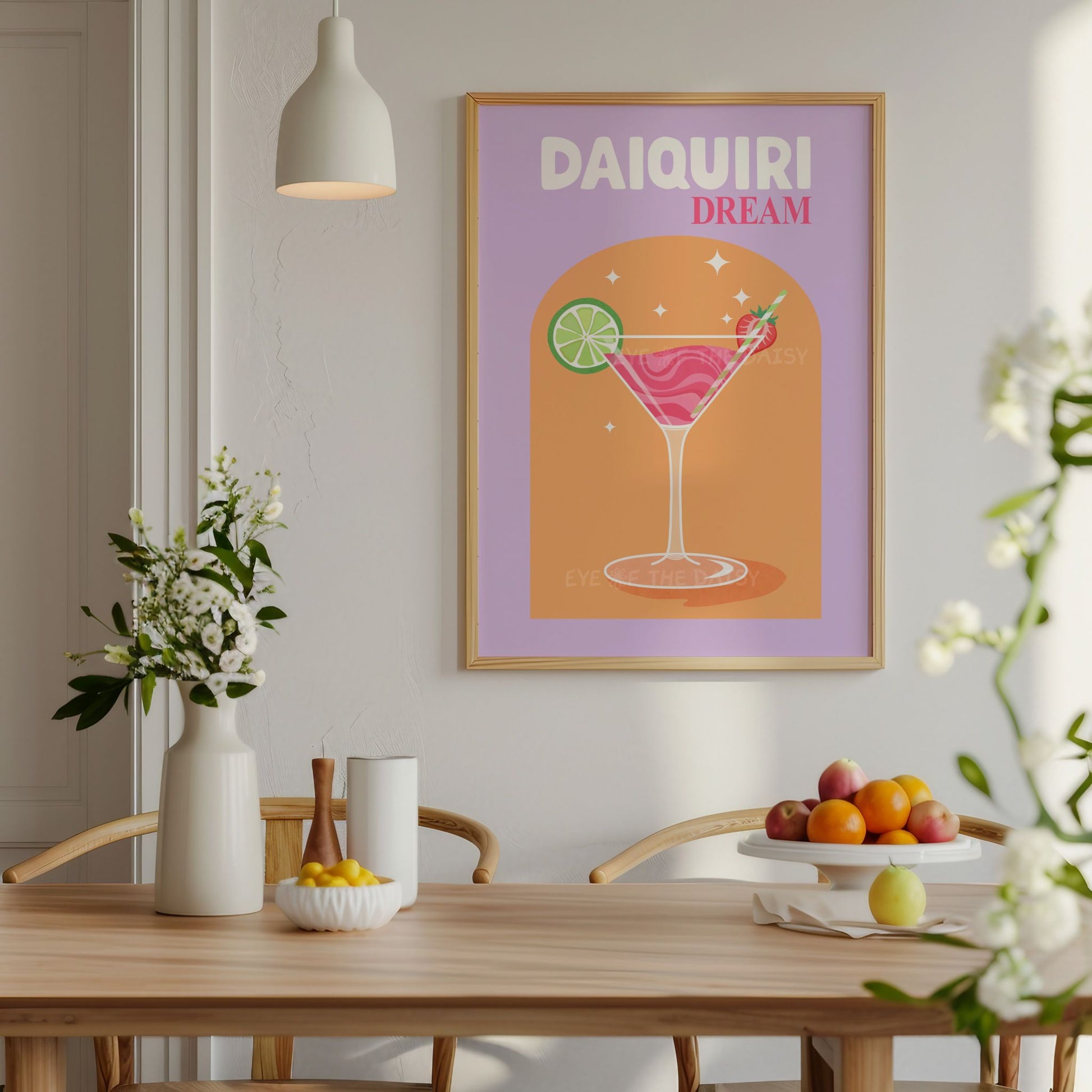 Colorful trendy retro cocktail wall art print displayed in a modern kitchen – vibrant printable artwork perfect for kitchen or home bar decor