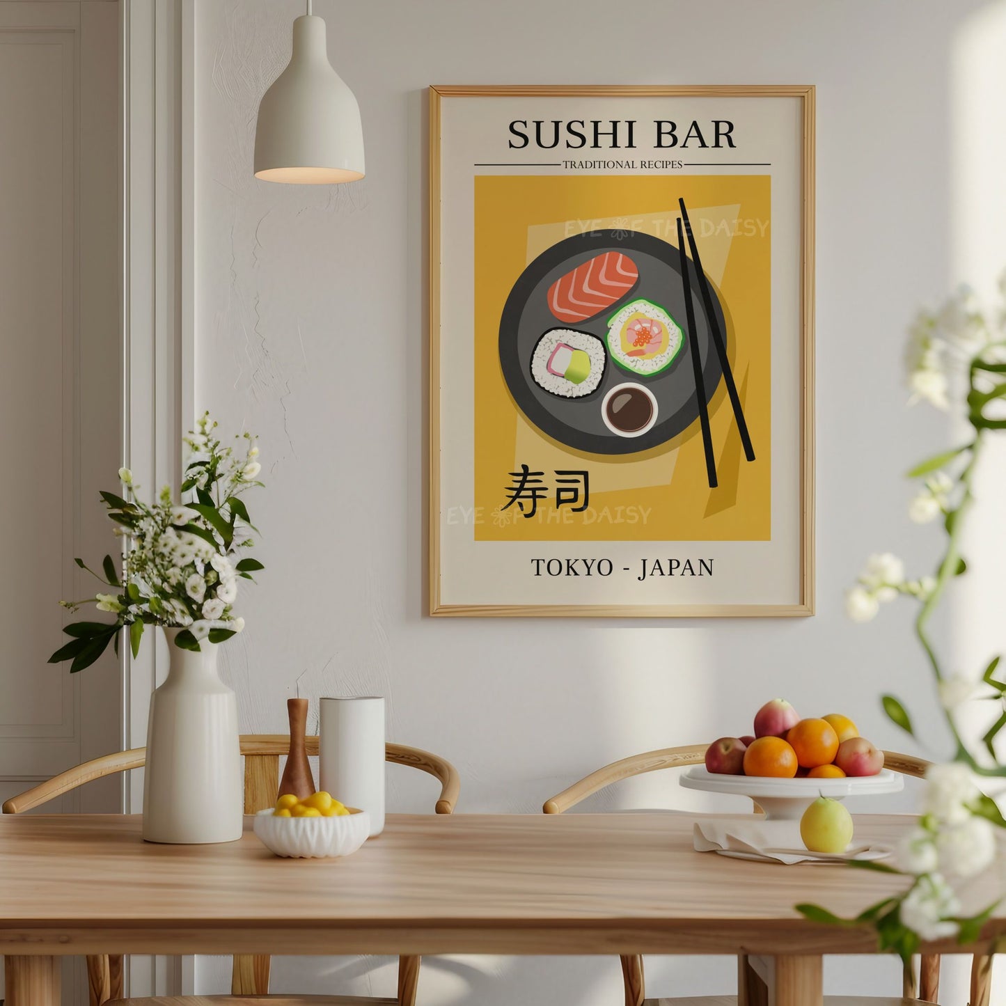 Bright and fun sushi print in Japanese poster style, digital download art perfect for modern kitchen or dining room decor