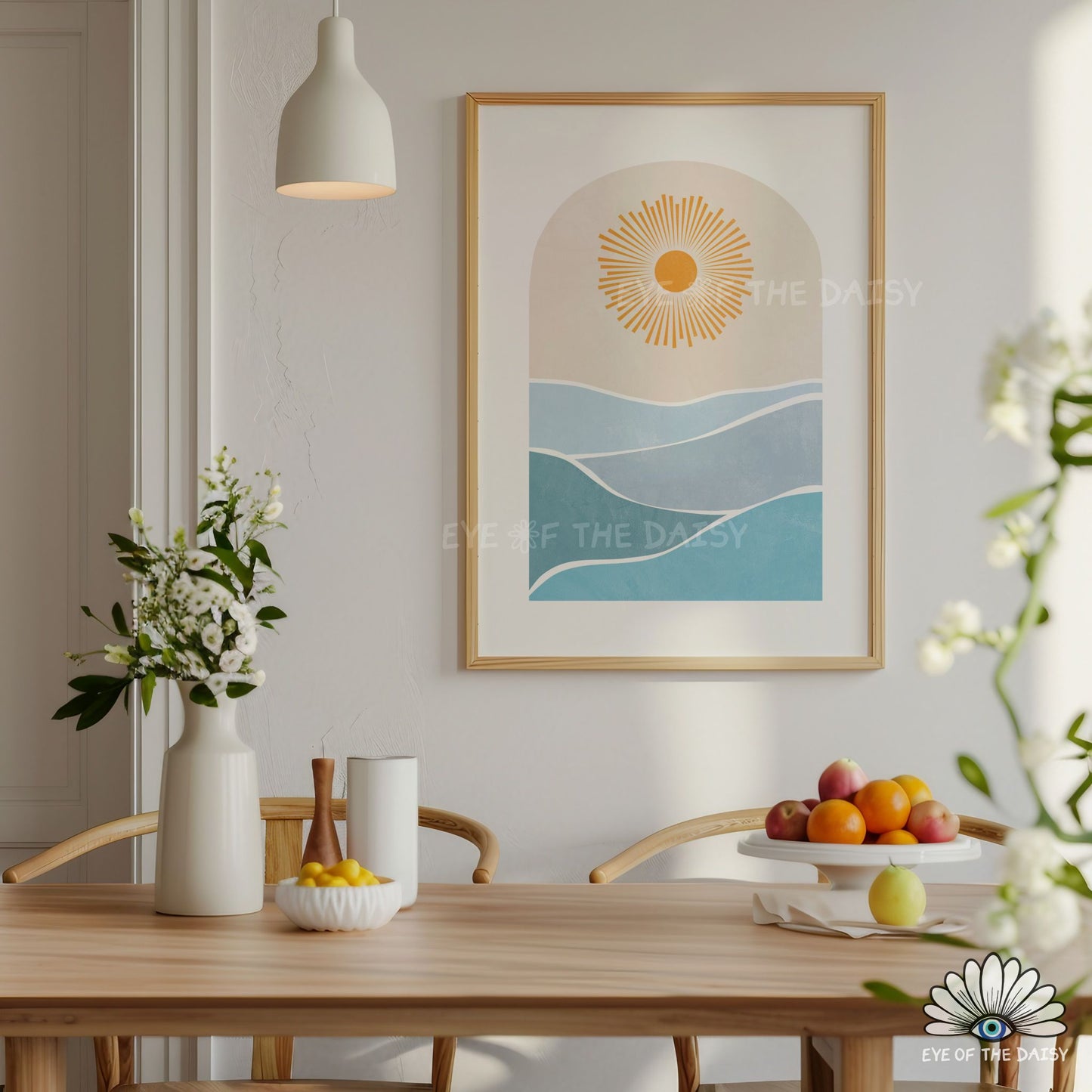 Boho sun ocean print, minimalist seascape printable wall art for bohemian wall decor