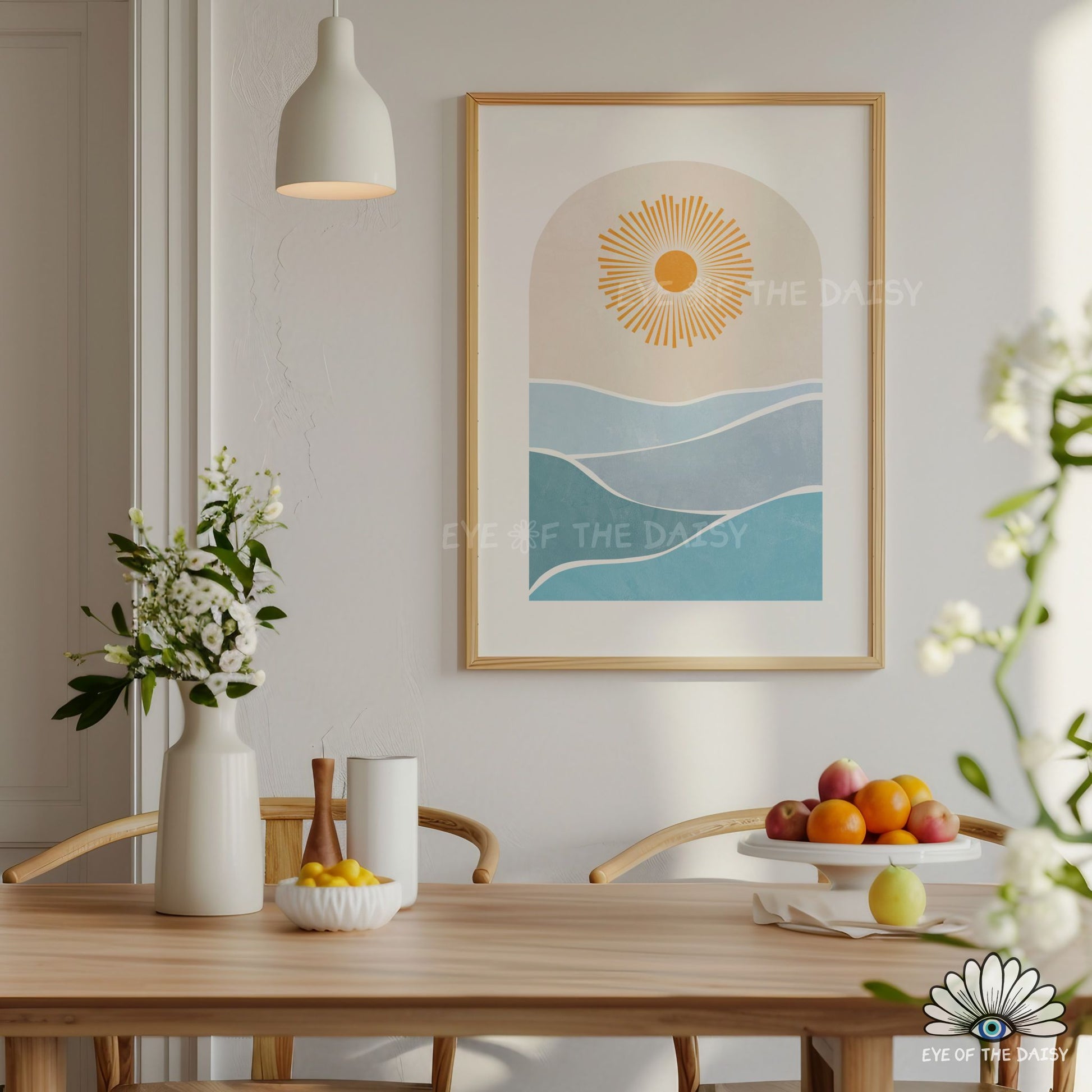 Boho sun ocean print, minimalist seascape printable wall art for bohemian wall decor