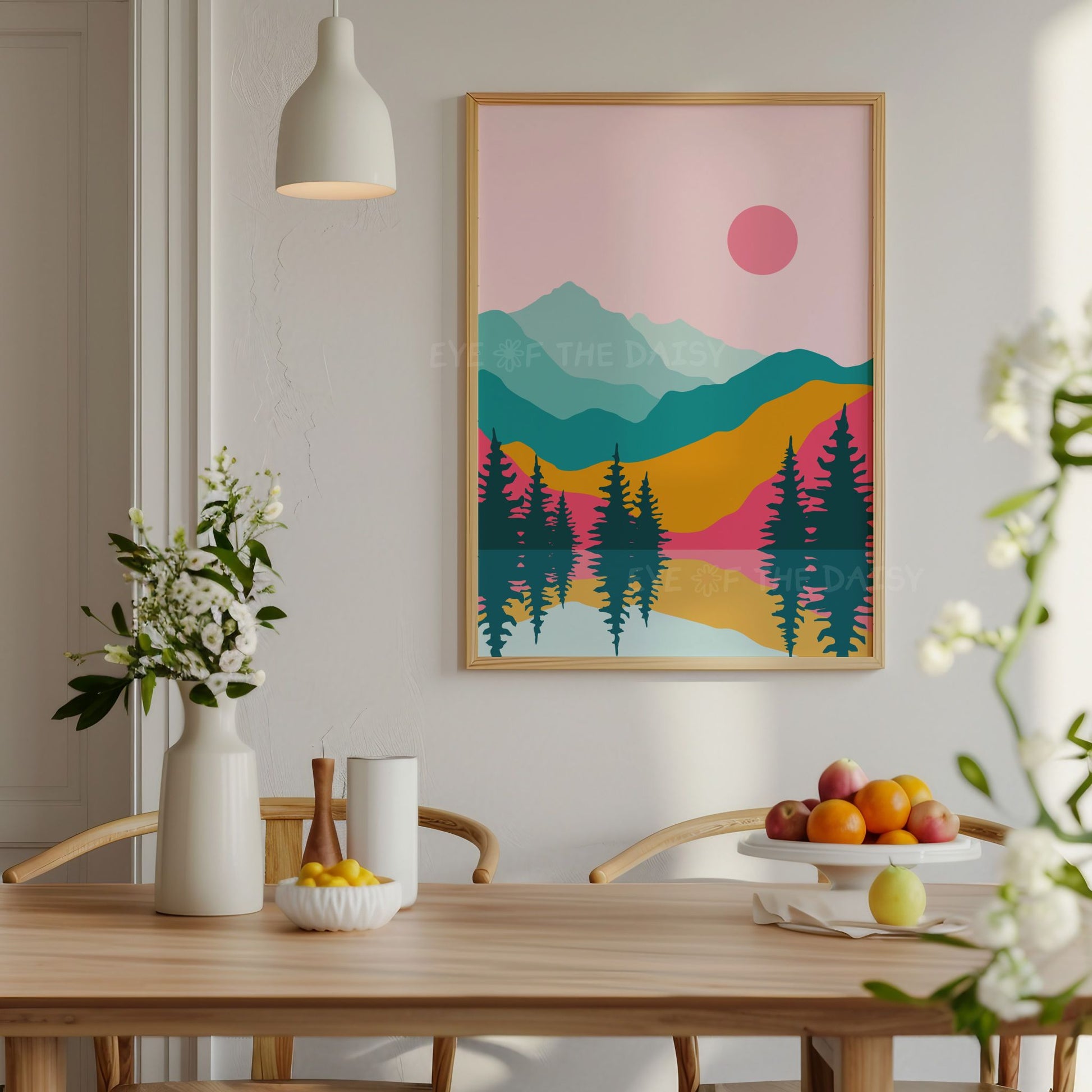 Mid-century modern downloadable art – abstract retro mountain landscape print set of 6 in bold colours for vibrant summer rentals
