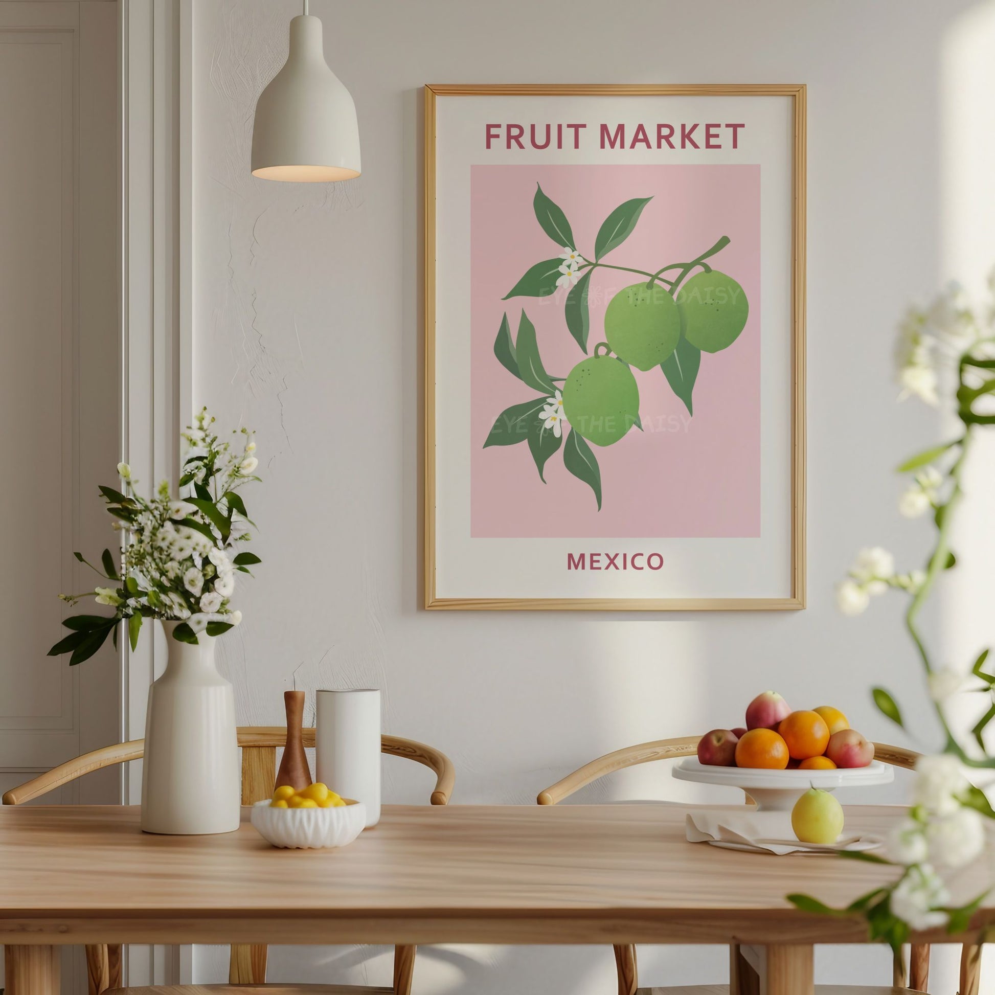 Fruit Market Mexico lime wall art — pastel pink printable poster for fun, colourful vacation rental or vibrant summer kitchen wall decor