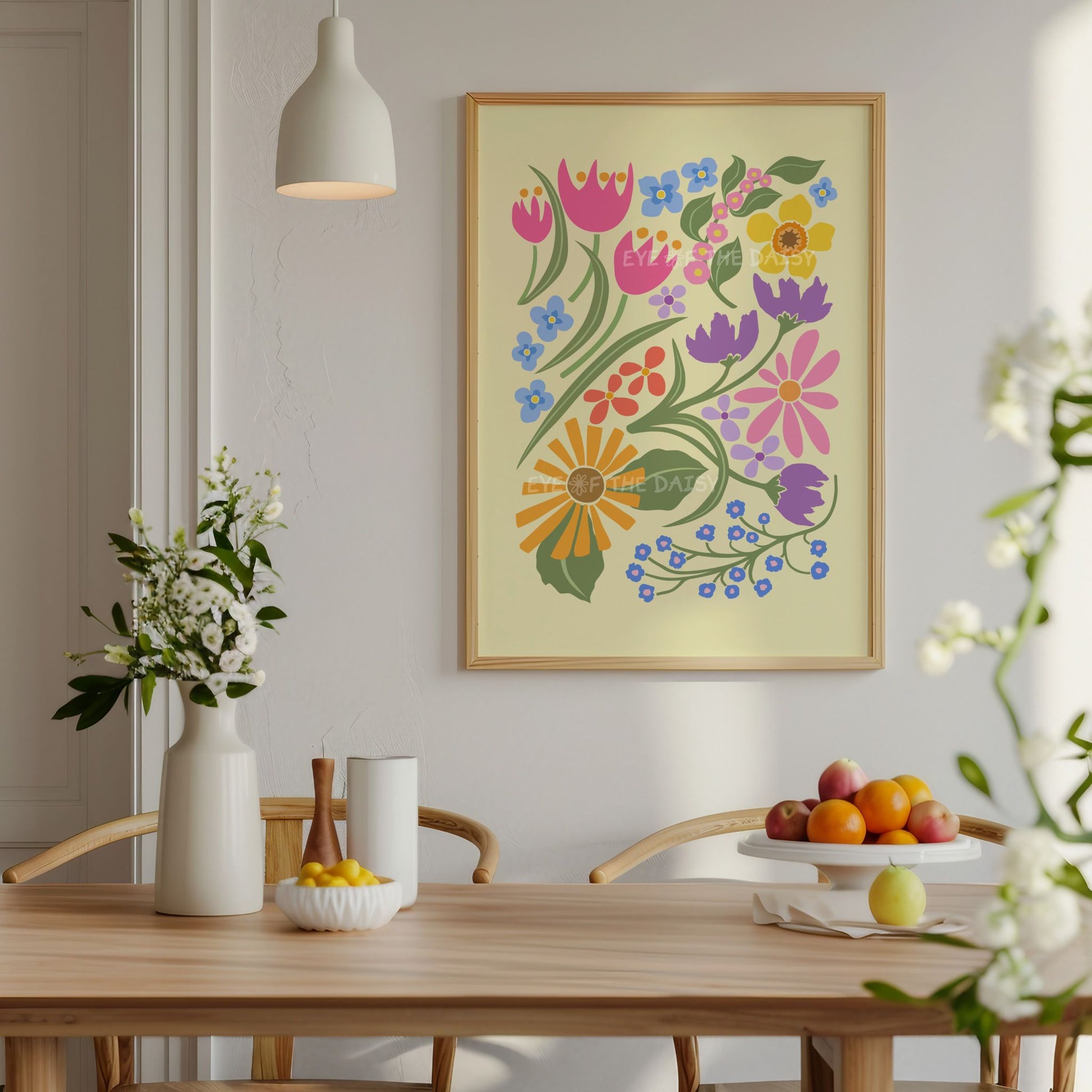 A bright abstract botanical art print of pastel colourful flowers, great dopamine decor