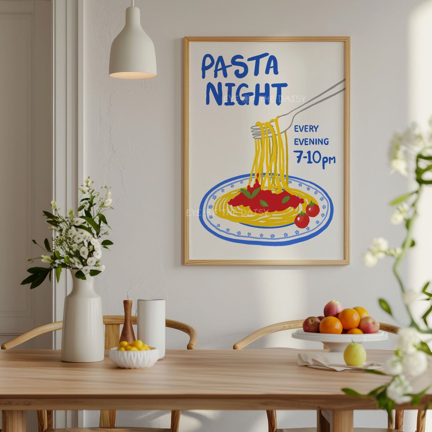 A contemporary colourful hand drawn spaghetti wall art print of spaghetti on a plate with the funny quote "Pasta Night"