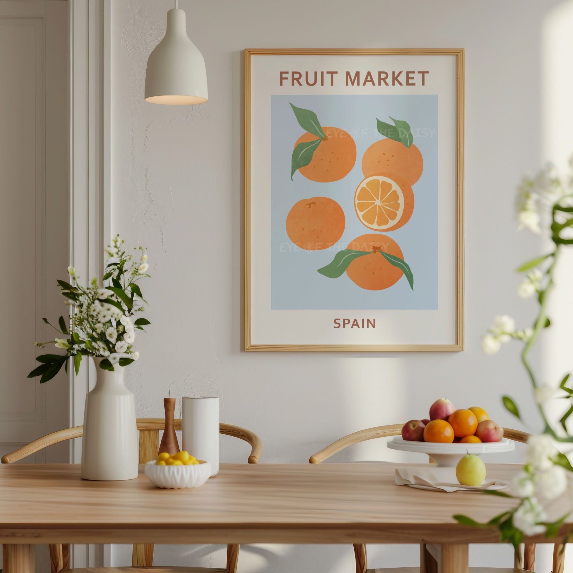 Fruit Market Spain orange art print — pale blue wall decor download for colourful kitchen or Mediterranean dining room styling