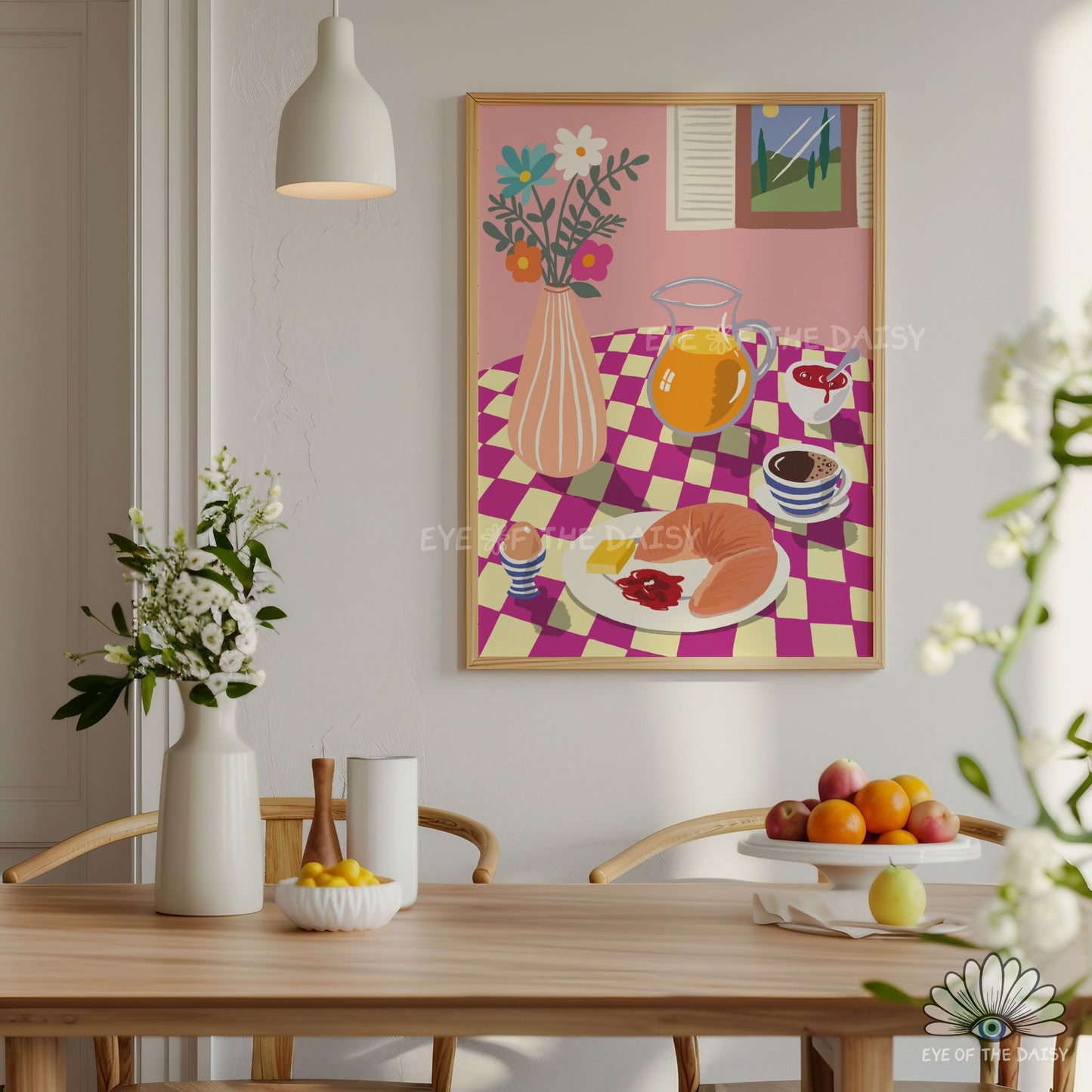 Breakfast Table Illustration Digital Print | Croissant Eggs Coffee Food Printable Wall Art