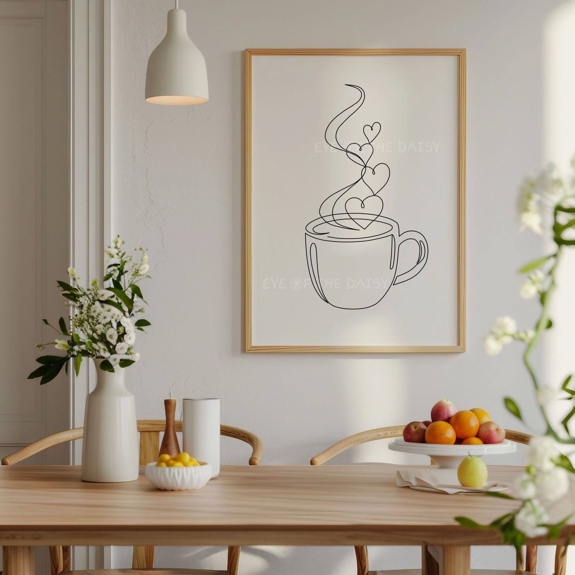 Stylish abstract coffee cup line drawing poster – minimalist kitchen or coffee bar wall art with one-line heart steam