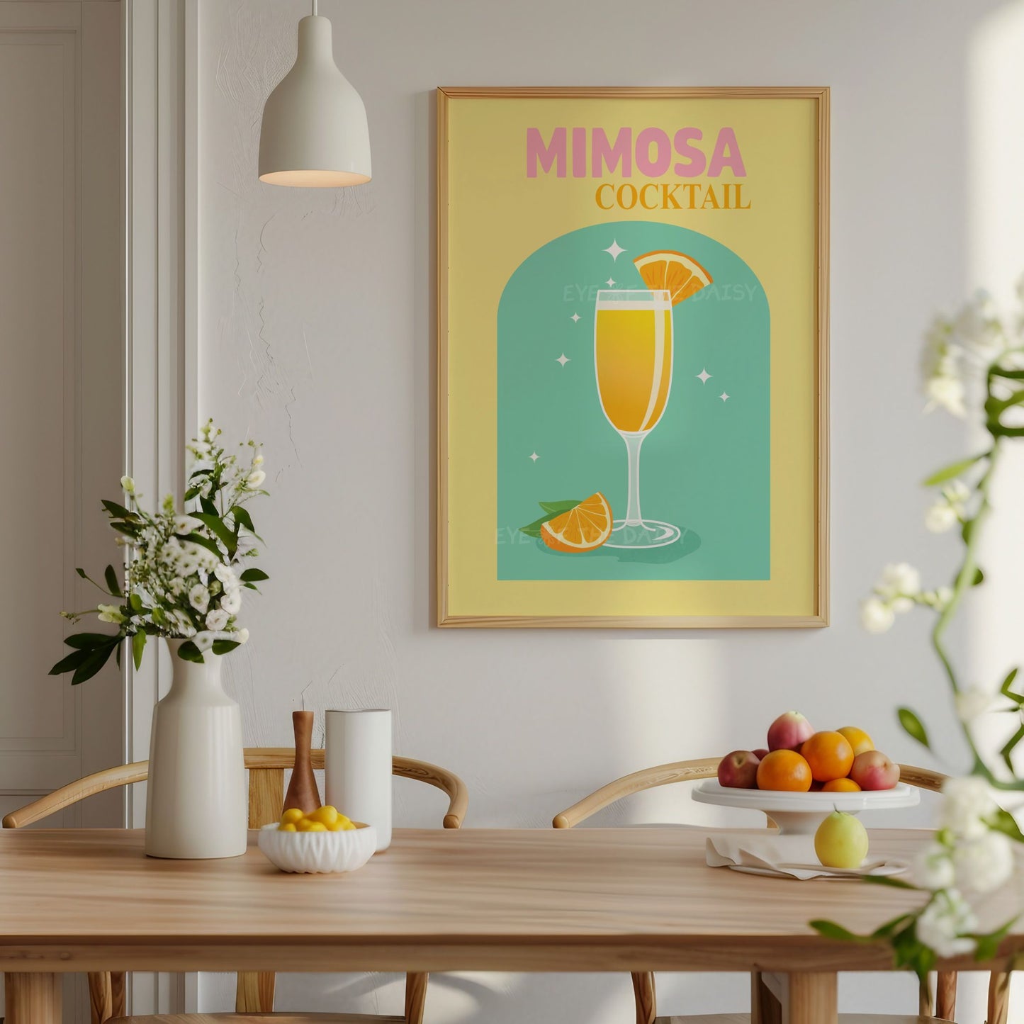 Bright Mimosa cocktail wall art print — colourful digital download with brunch vibes, perfect printable poster for dining decor