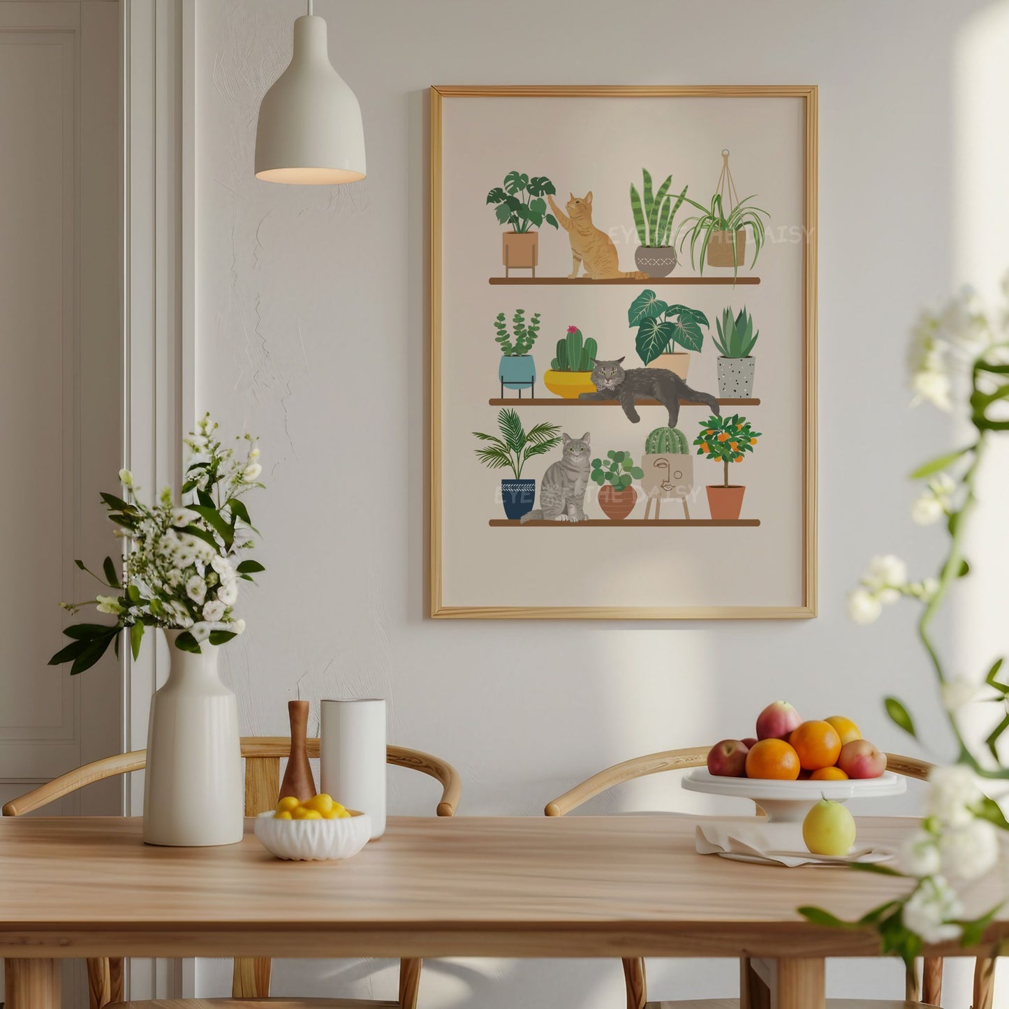 Custom personalised pet portrait digital print of cats sat on shelves next to house plants