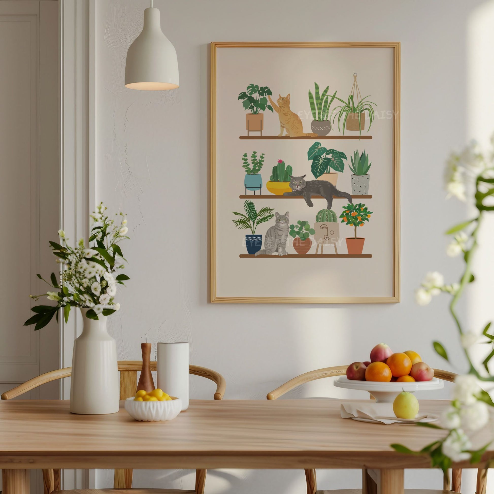 Custom personalised pet portrait digital print of cats sat on shelves next to house plants