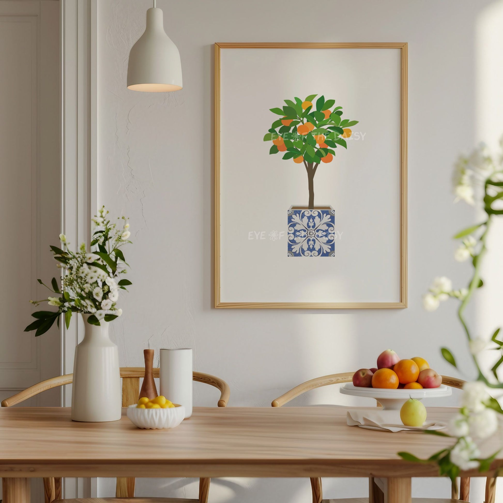 Boho orange tree wall art with blue tile pot – minimalist botanical downloadable print, vibrant printable poster perfect for fresh kitchen decor
