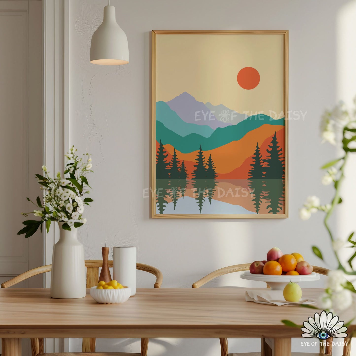 Teal, orange and yellow nature scenery print, printable poster for mid century modern interiors