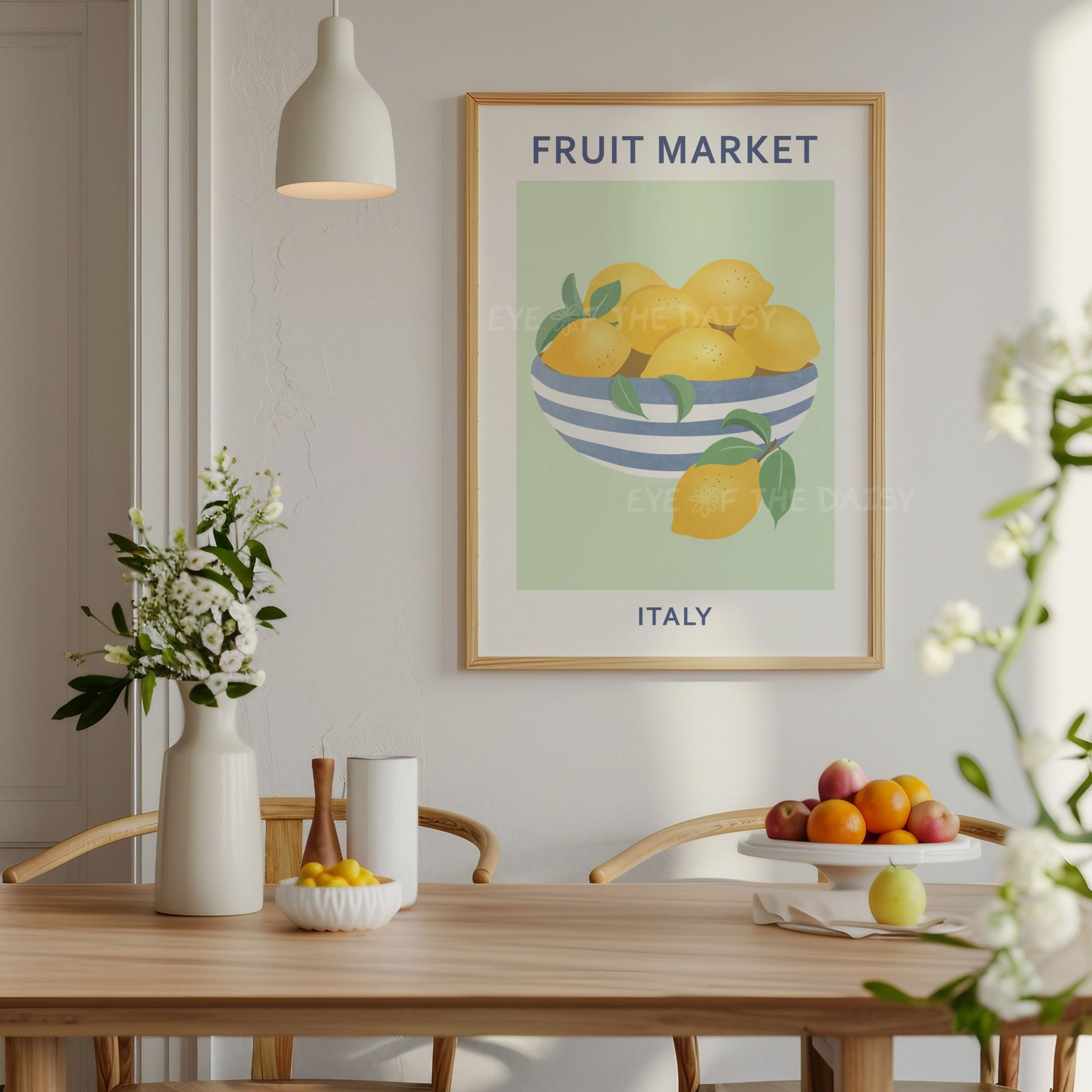 Colorful Mediterranean kitchen wall art print set — abstract citrus and flower poster printables, vibrant digital download for DIY decor