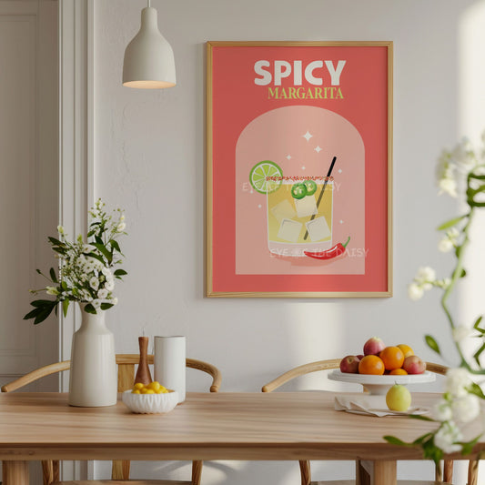 Modern trendy Spicy Margarita printable poster with "spicy marg" cocktail illustration, fun kitchen wall decor