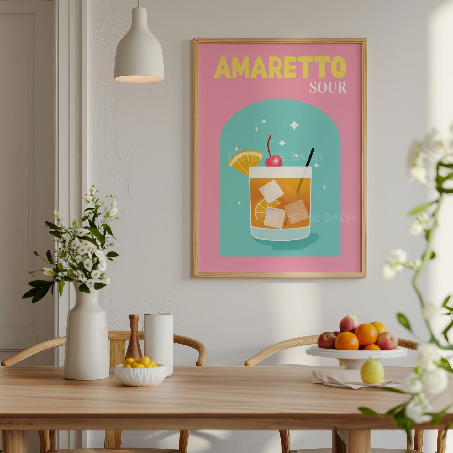 Amaretto Sour printable cocktail poster in bold modern style, colorful drink wall art for retro dining room or fun entertaining space